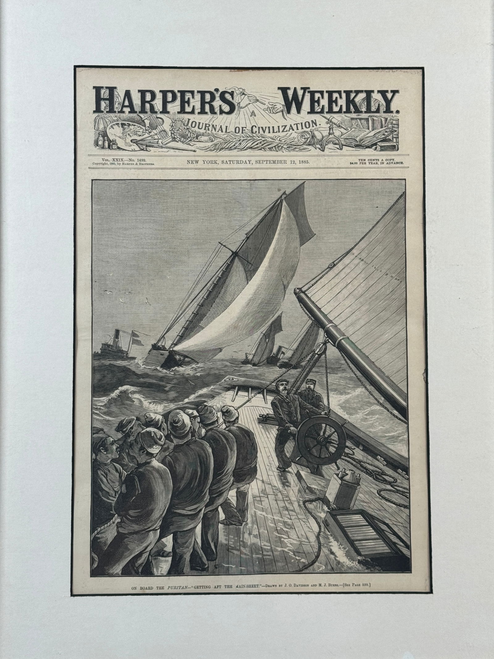 Harper's Weekly Cover Page, September 1885: Harper's Weekly cover page featuring a yacht race, published September 12, 1885. Matted and framed. Frame dimensions: 20.75 x 15.75 inches. Print dimensions: 15 x 10 inches.
