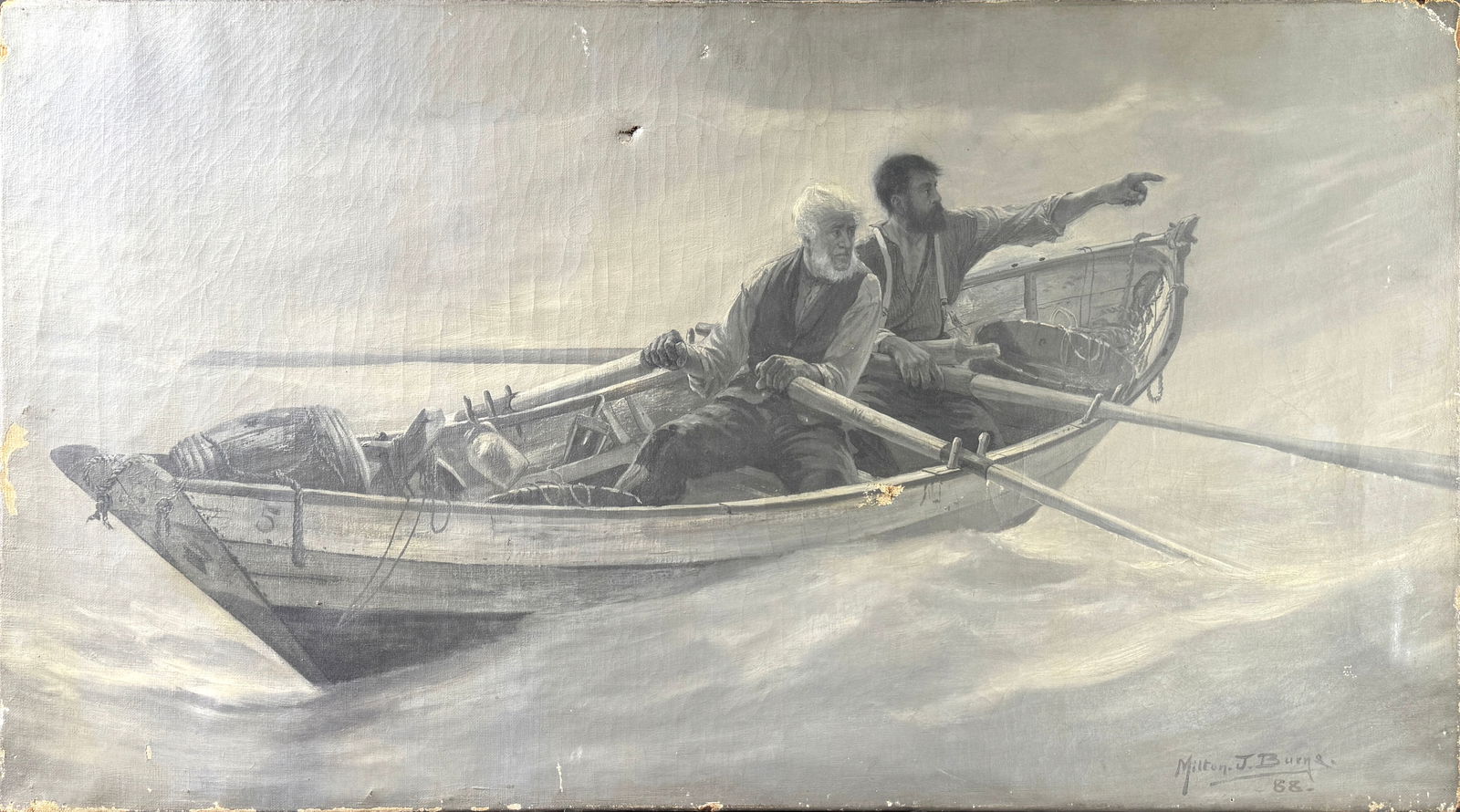 Oil on Canvas, Milton James Burns, 1888: Oil on canvas in grisaille by Milton James Burns (American, 1853-1933). Signed and dated "Milton J. Burns '88" lower right. Unframed.Dimensions: 15.5" x 28.5"