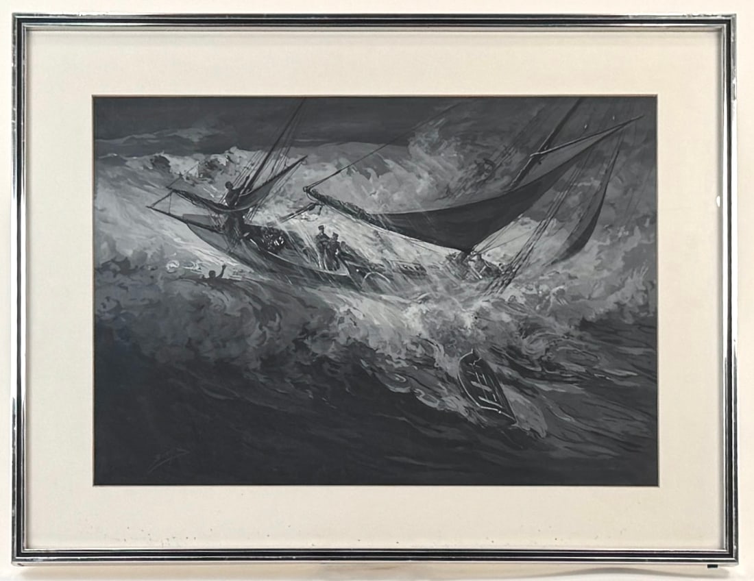 "The Dartmoor", Milton James Burns: Framed painting in grisaille by Milton James Burns (American, 1853-1933). Signed lower left. Writing in verso: "The Dartmoor: She struck on Frying Pan Shoals - The beginning of