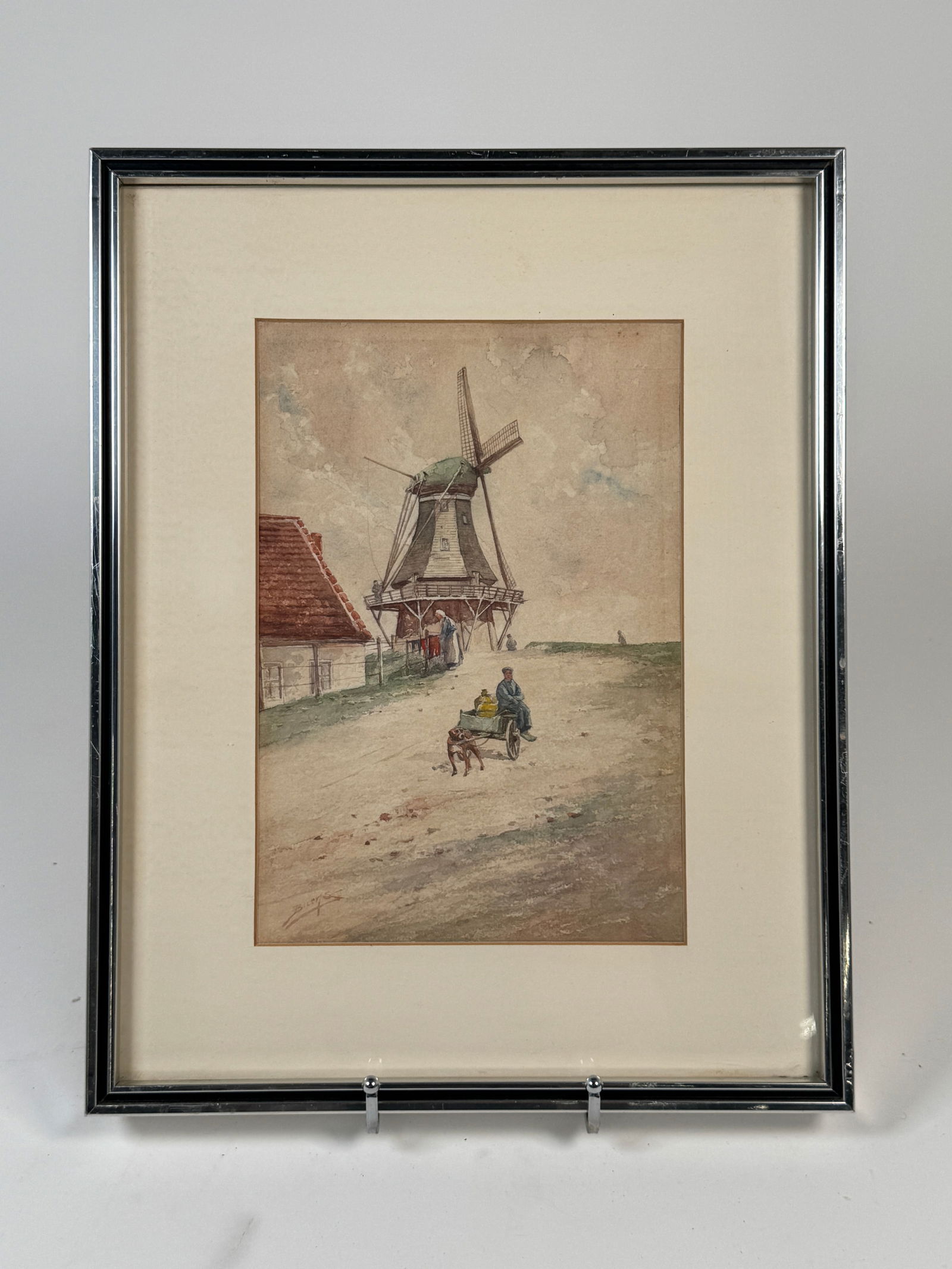 Windmill Watercolor Painting, Milton James Burns: Watercolor painting by Milton James Burns (1853-1933) depicting a windmill scene with figures and a cart. Signed "Burns" bottom left. Matted and framed. Dimensions: 16.75 x 13.25