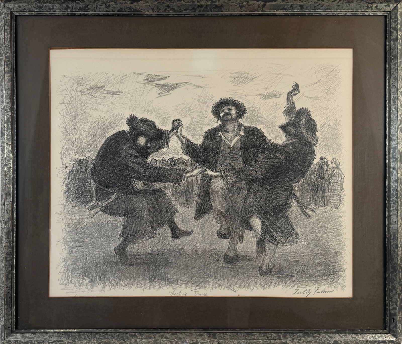 Lithograph by Tully Filmus, Festive Dance: Tully Filmus, Festive Dance, lithograph, signed lower right, framed and glazed. Frame dimensions: 23.5 x 27 inches. Drawing dimensions: 17 x 21.5 inches.