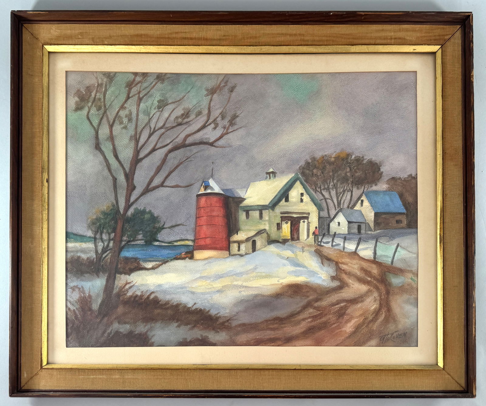 Pastel by Otto Cohen: Framed pastel on paper depicting a winter farm scene by Otto Cohen. Frame dimensions: 28 1/2 x 34 3/8 inches. Sight dimensions: 21 x 26 1/2 inches.