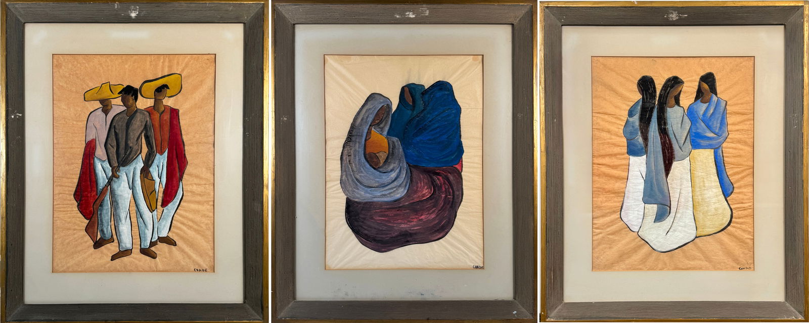 Three Paintings on Paper: Three framed paintings on paper by Conde. Frame measures 27 3/4 x 23 1/8 inches; painting measures 19 x 14 1/4 inches.