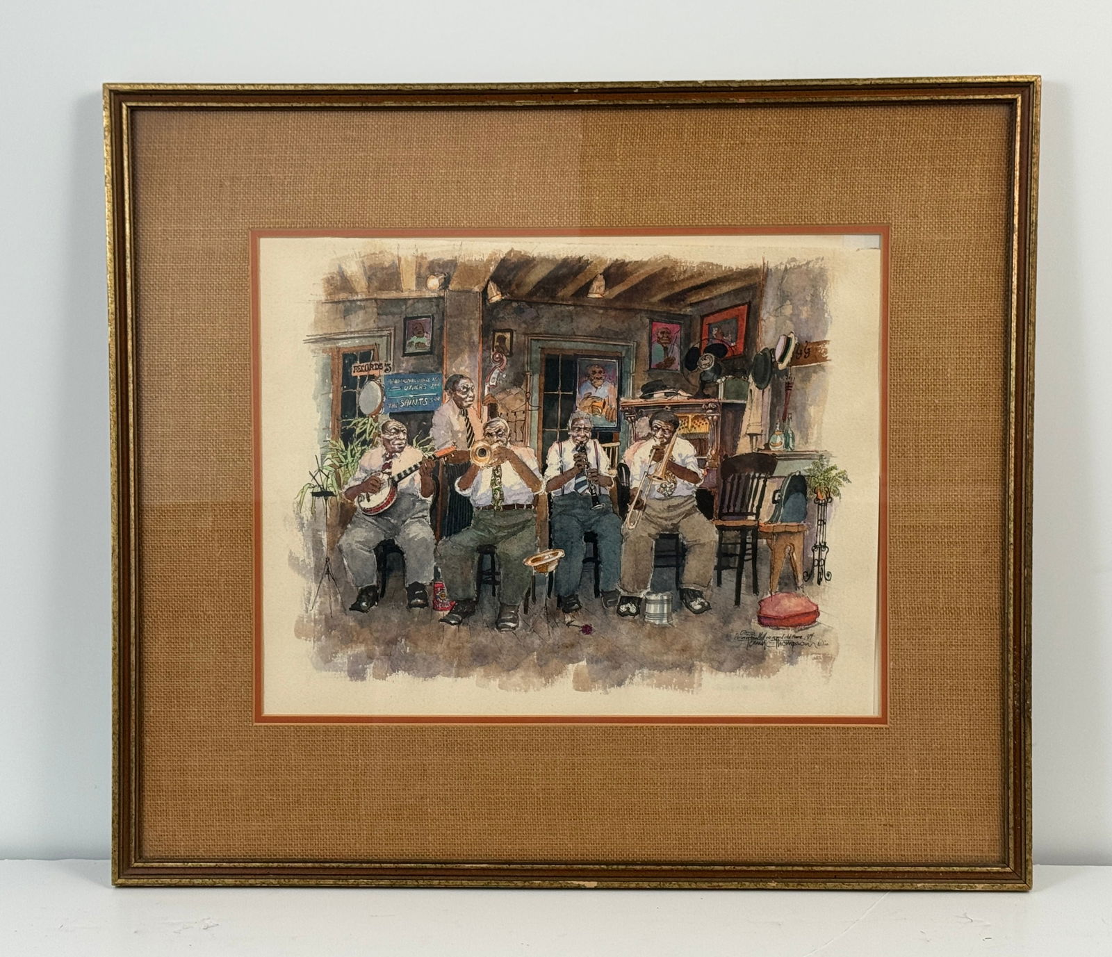Watercolor Painting of Jazz Musicians, Tommy Thompson: Watercolor painting depicting a group of jazz musicians by Tommy Thompson. Signed and dated bottom right with text: "Jazz ~ Preservation Hall ~ a good old time. 1974 Tommy Thompson