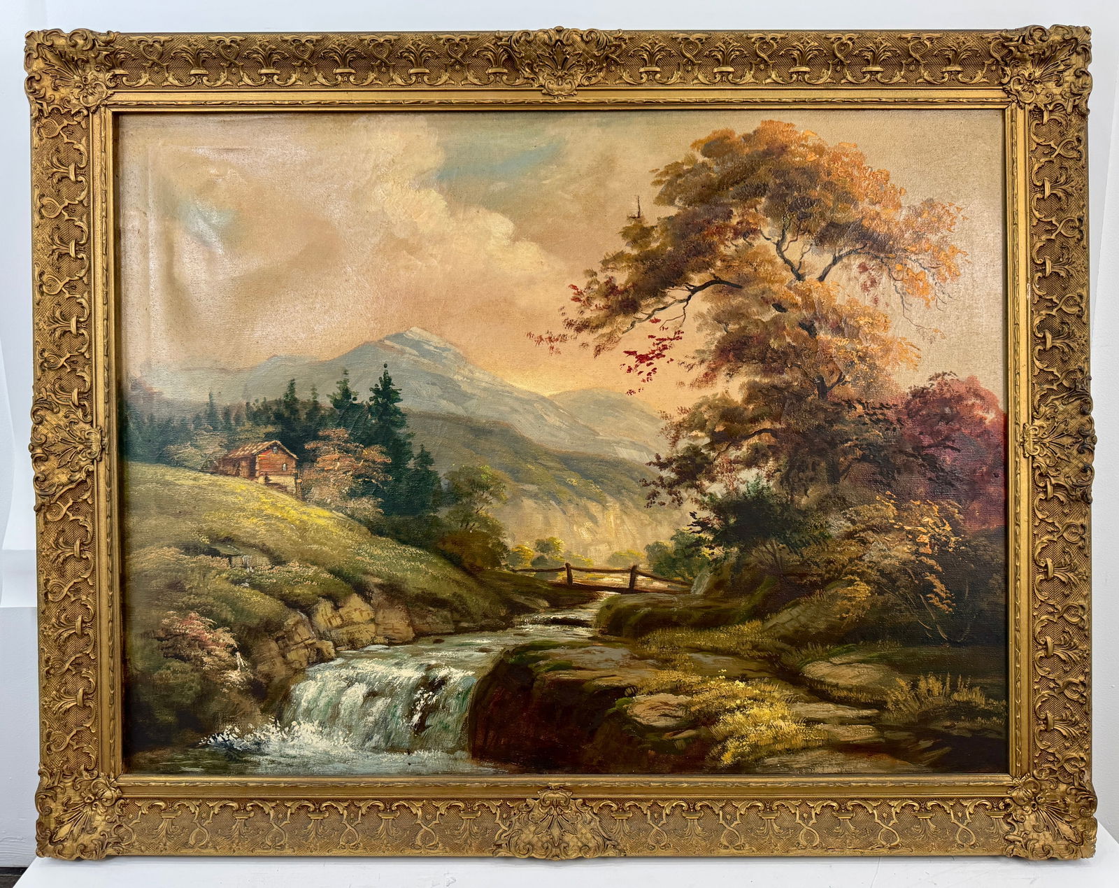 Lawrence Landscape Painting with Waterfall, Framed: Oil on canvas landscape painting signed Lawrens, depicting a waterfall, cabin, and mountain scene. Framed. Frame: 46 x 36 inches; Print: 39.25 x 29 inches.