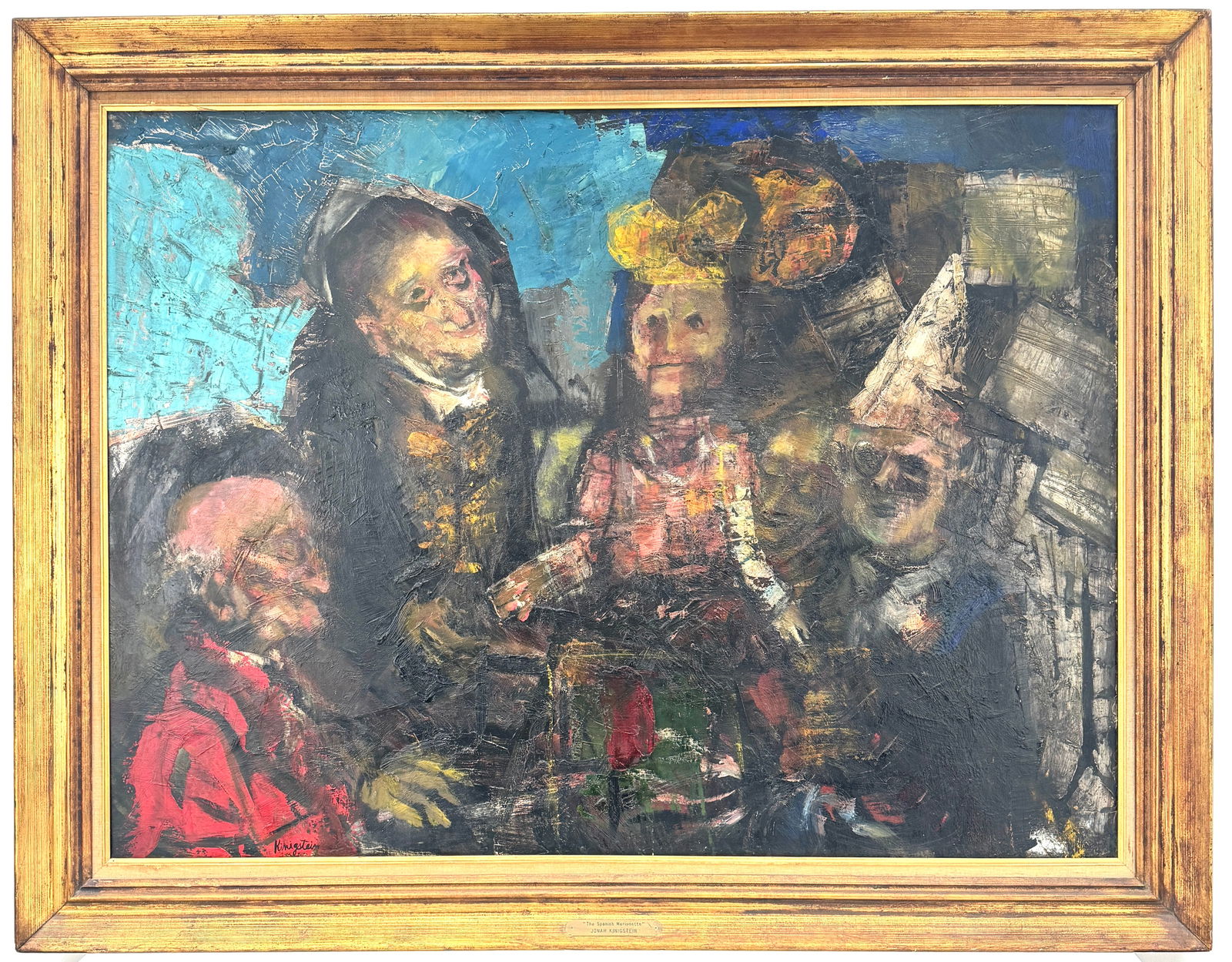 Jonah Kinigstein "The Spanish Marionette" Oil Painting: Oil on canvas painting by Jonah Kjnigstein titled "The Spanish Marionette". Contains a title plaque on the frame. Frame: 43 1/4 x 55 1/8 inches. Painting: 35 1/4 x 47 3/4 inches.