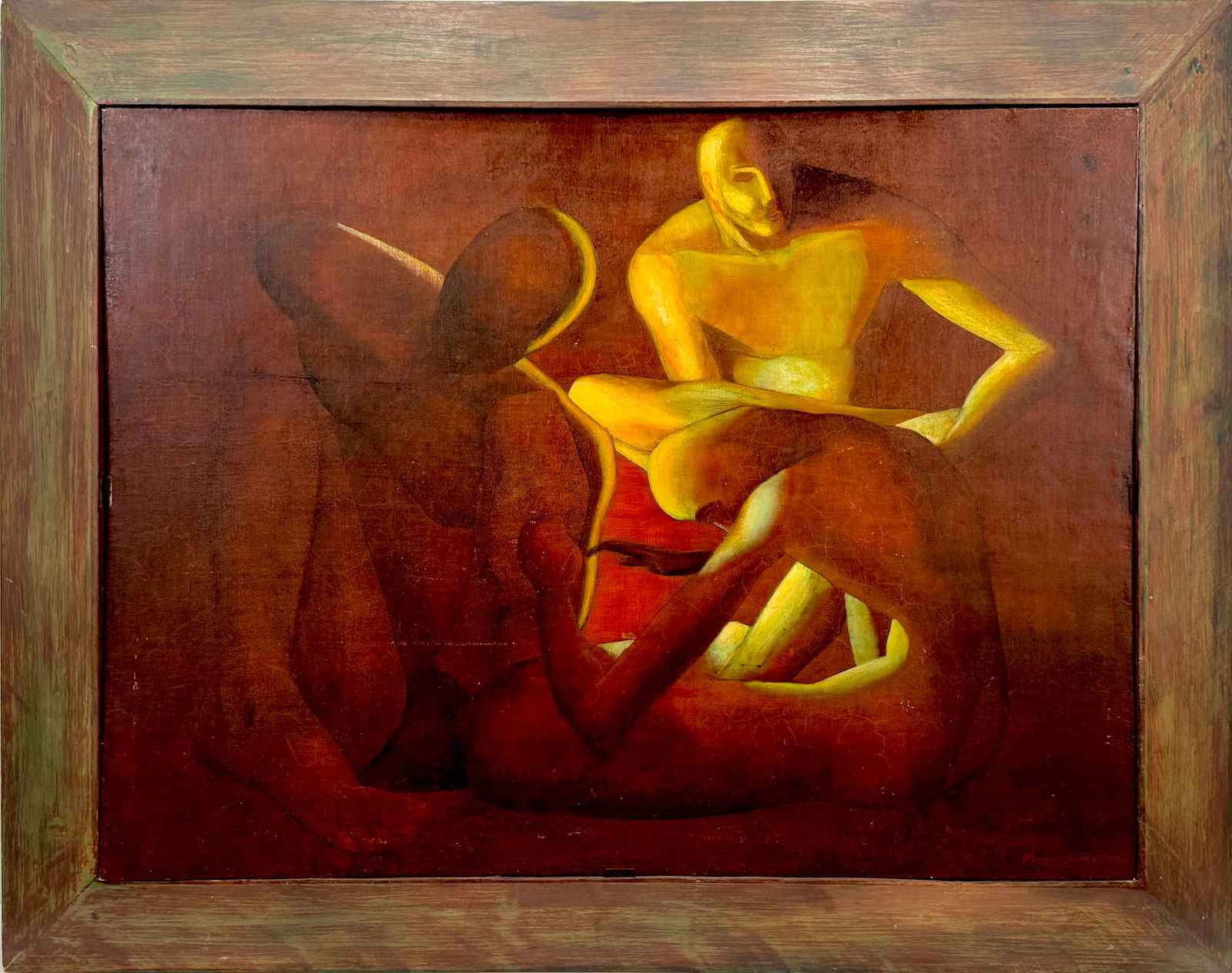 "The Council" by Philip Simpson, Oil on Canvas: Oil on canvas painting by Philip Simpson titled 'The Council, 1957'. Signed lower right. Contains prior gallery card and artist information on reverse.Frame: 31 x 39 inches.Painting: 24 x 32