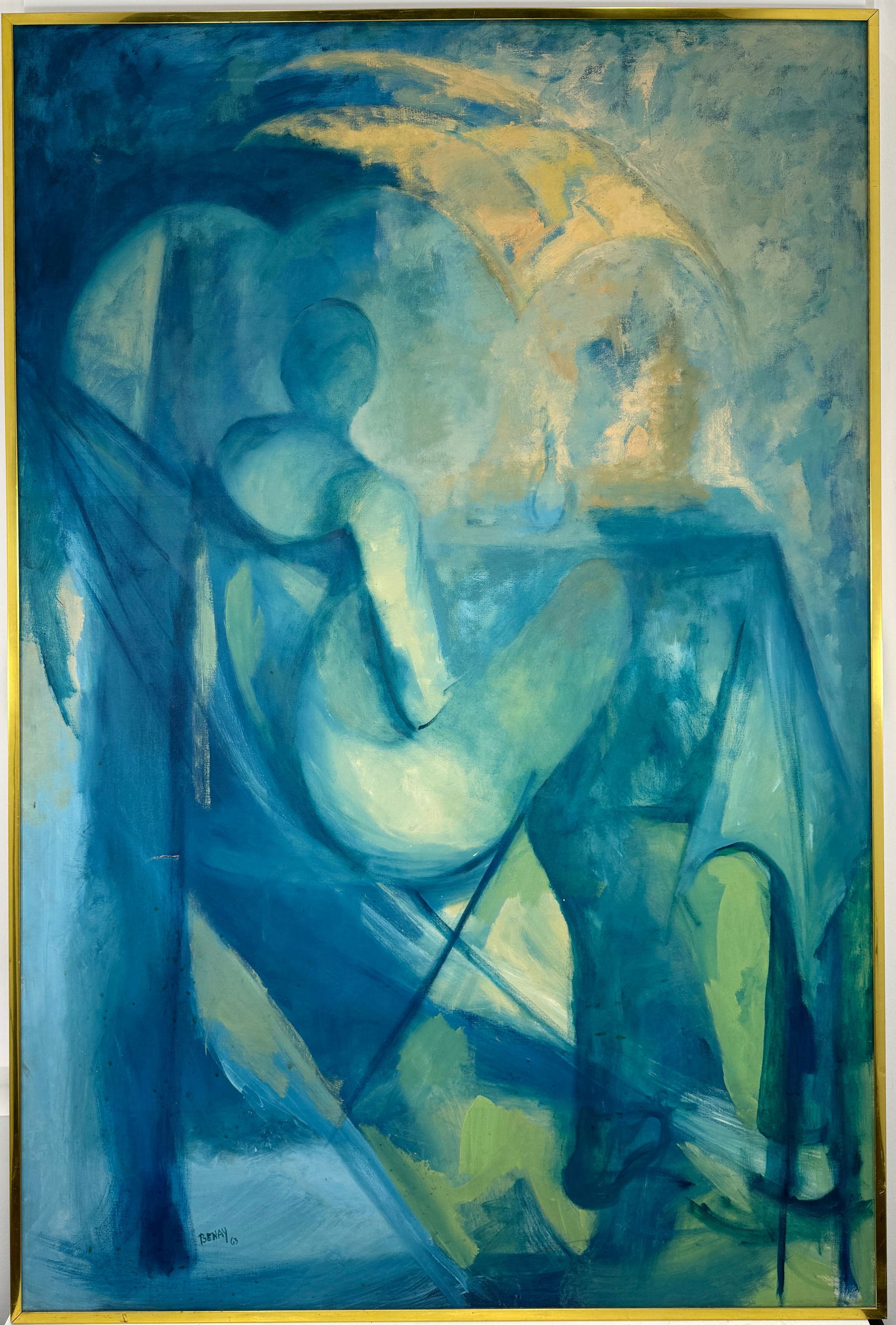 Benay Venuta Oil Painting: Abstract oil on canvas painting by Benay Venuta, featuring a figure in shades of blue and green. Dimensions: 73 x 49 inches (framed), 71.5 x 47.625 inches (sight).