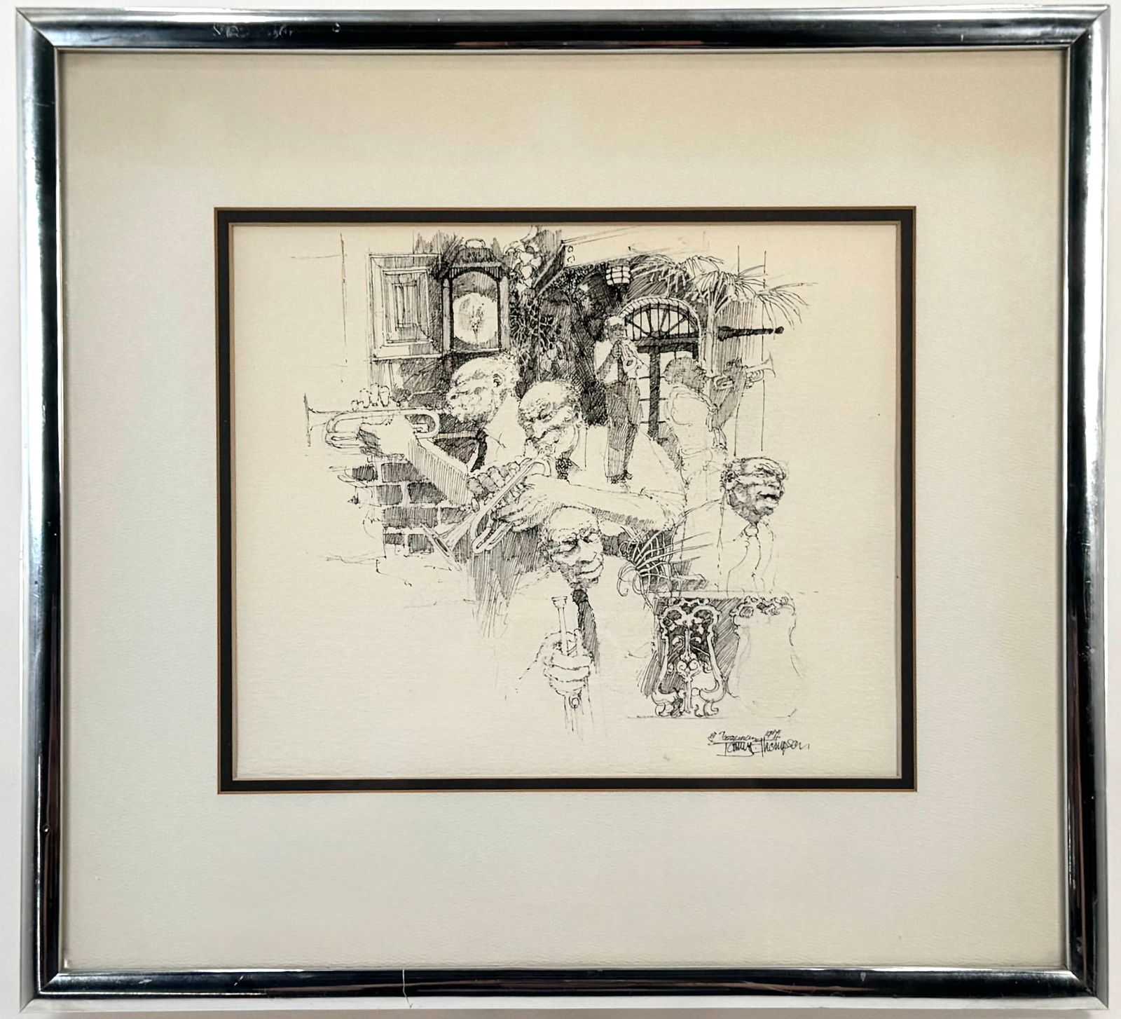 Jazz Concert Drawing, Tommy Thompson, 1974: Framed drawing depicting a jazz concert by Tommy Thompson. Signed and dated on bottom right with title which likely reads "A Jazz Concert." Frame dimensions: 18.5 x 20 inches.