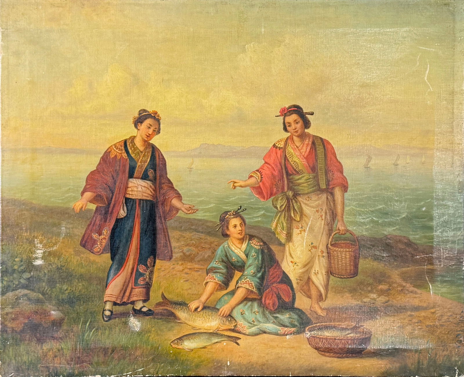 Signed Oil Painting of Three Women with Fish: Oil on canvas, signed on lower right margin.Dimensions: 29 1/4'' x 24''
