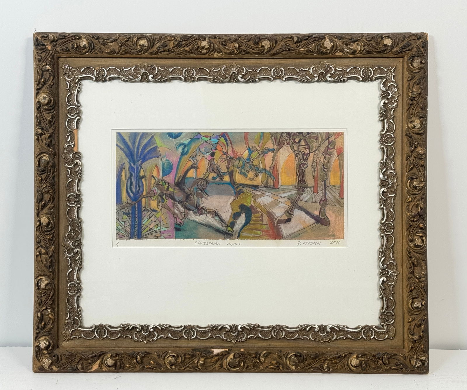 D. Mordecai "Equestrian Voyage" Etching: An etching titled "Equestrian Voyage" signed D. "Mordecai, 2000" in pencil on lower right. Edition 1/1. Frame: 27 5/8 x 23 3/4 in. Print: 16 5/8 x 8 1/4 in.