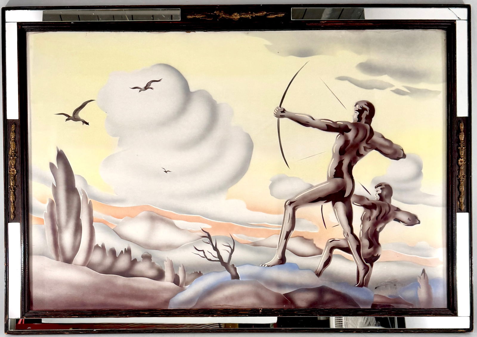 Alex Wittmann, Archers Print in Mirrored Frame: Print after Alex Wittmann depicting two archers in a landscape, set within a mirrored frame. Frame: 27 3/4 x 39 3/4 inches; Print: 23 3/4 x 35 5/8 inches.