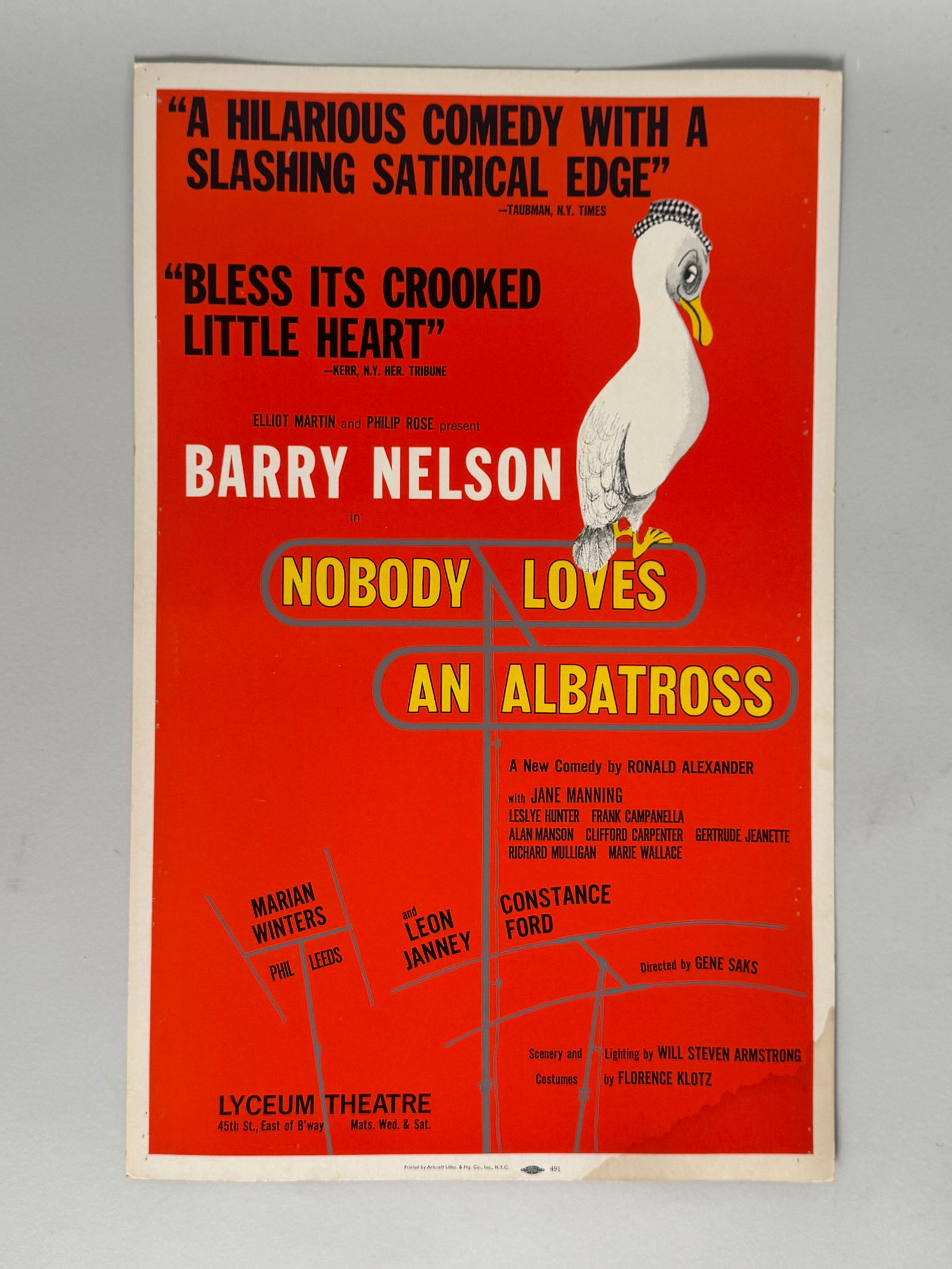 "Nobody Loves an Albatross" Window Card, 1964: Original Broadway poster for "Nobody Loves an Albatross" starring Barry Nelson. Lyceum Theatre. Dimensions: 22 x 14 inches.
