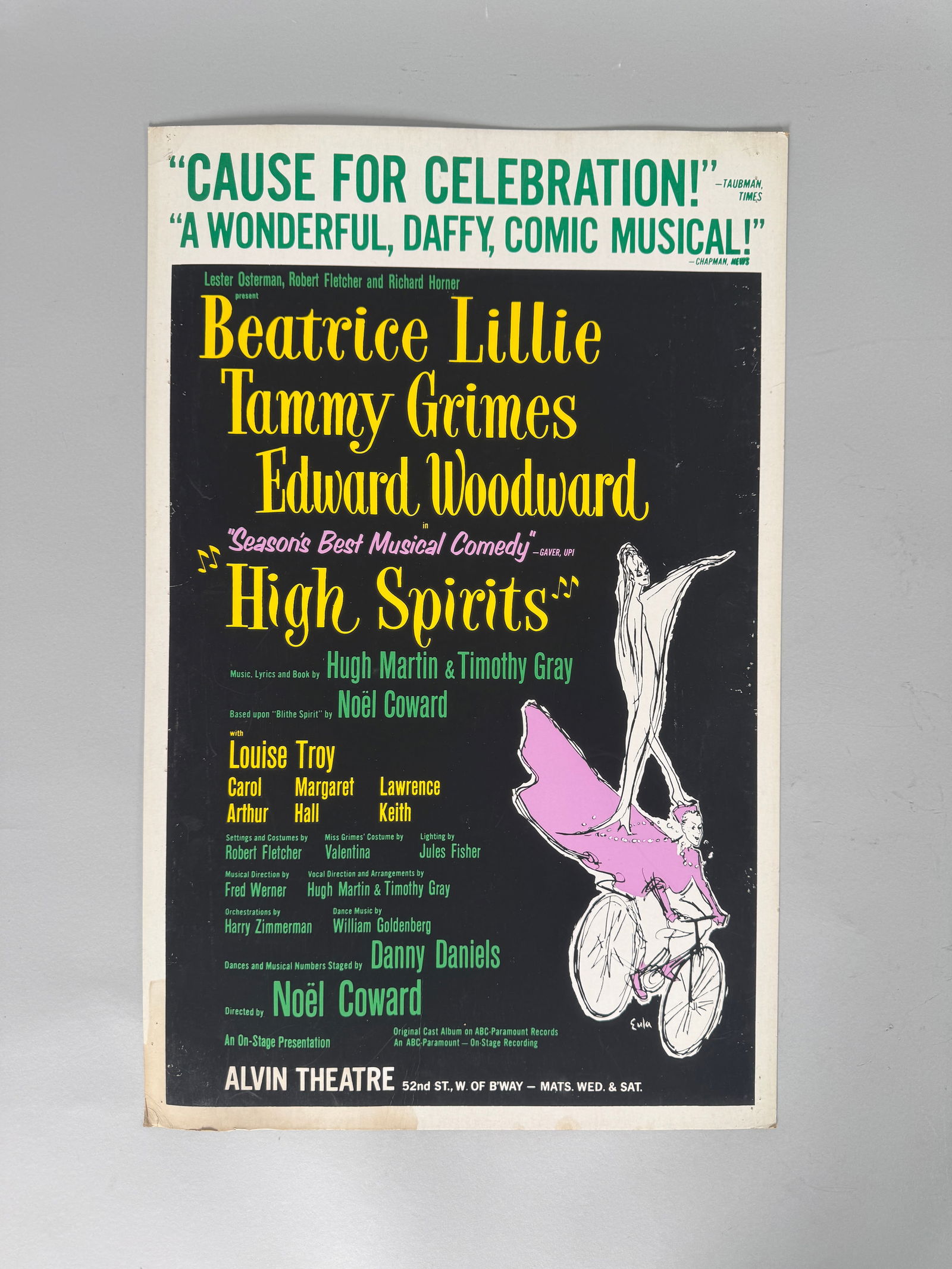"High Spirits" Broadway Poster, 1964: Original 1964 Broadway poster for "High Spirits" starring Beatrice Lillie, Tammy Grimes, and Edward Woodward. 22 x 14 inches. 
