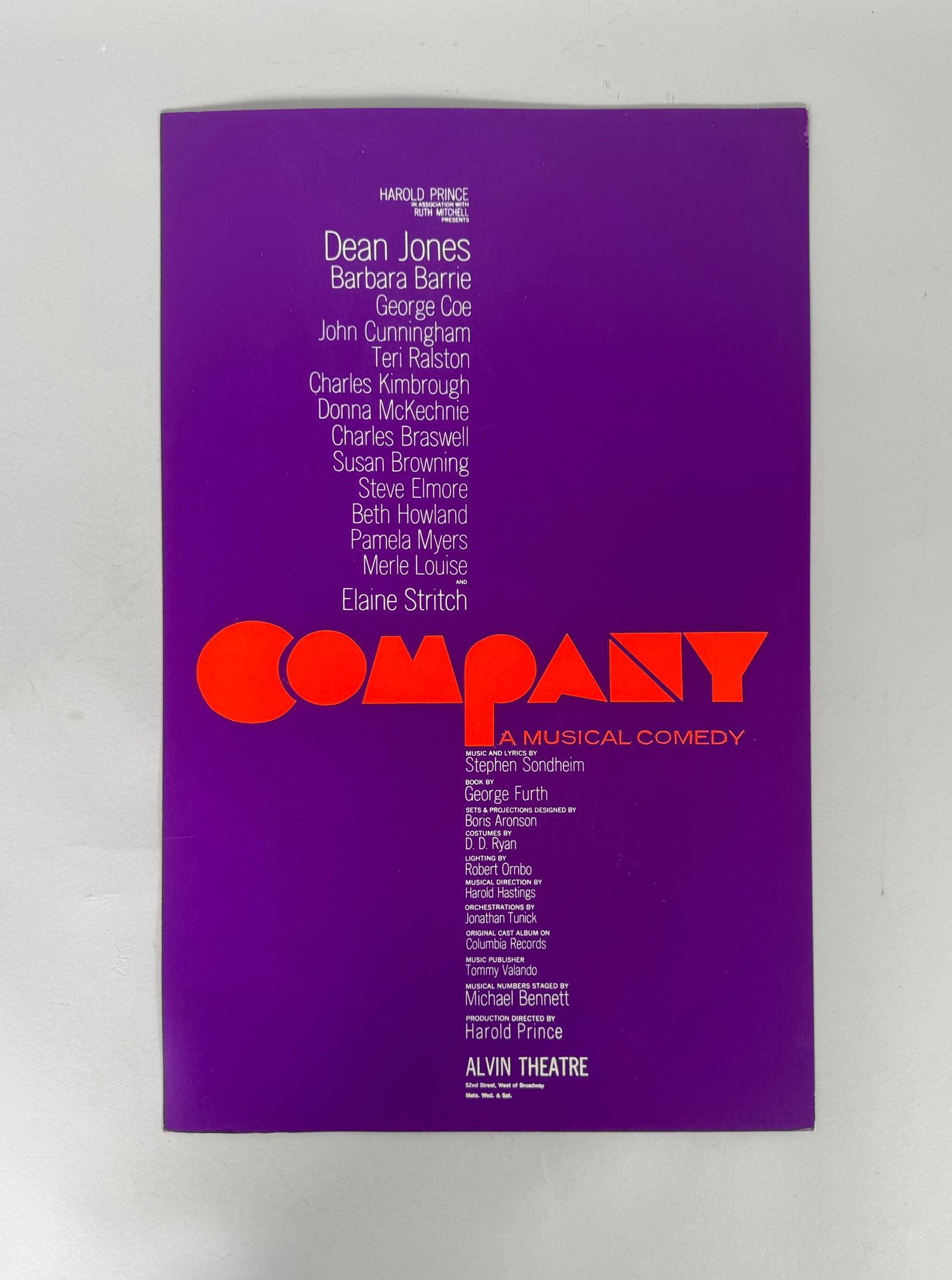 "Company: A Musical Comedy" Poster - Alvin Theatre: Broadway poster for "Company: A Musical Comedy" at the Alvin Theatre, featuring Dean Jones, Barbara Barrie, and Elaine Stritch. Dimensions: 22 x 14 inches.