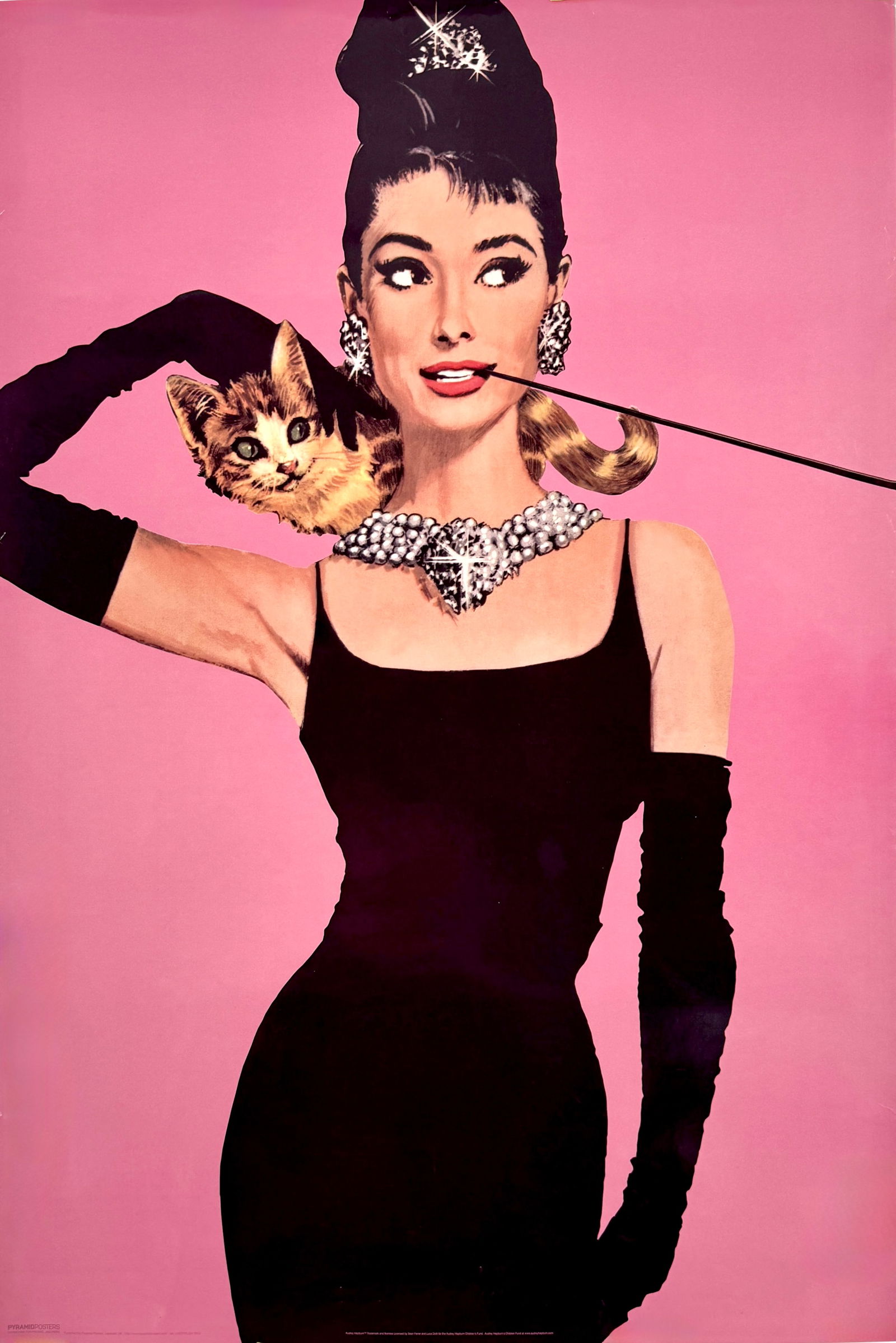 Audrey Hepburn & Cat Poster: Poster featuring Audrey Hepburn with a cat. Dimensions are 36 x 24 inches.