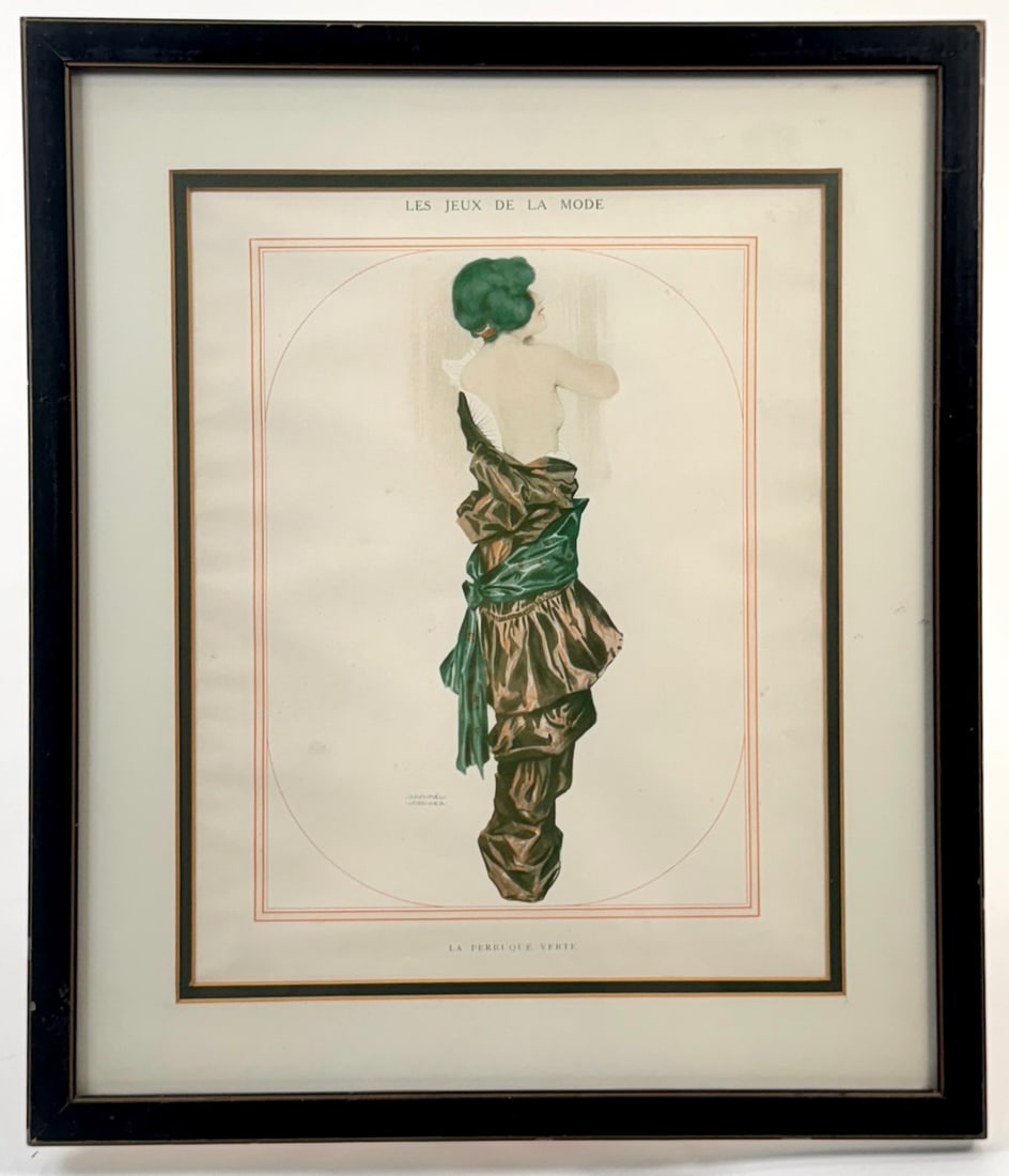 Raphael Kirchner Plate from "De la Brune Ã la Blonde": A color lithograph plate from Raphael Kirchner's (1876-1917) collection of designs, "De la Brune à la Blonde." Plate reads "Les Jeux De La Mode" and "La Perruque Ve