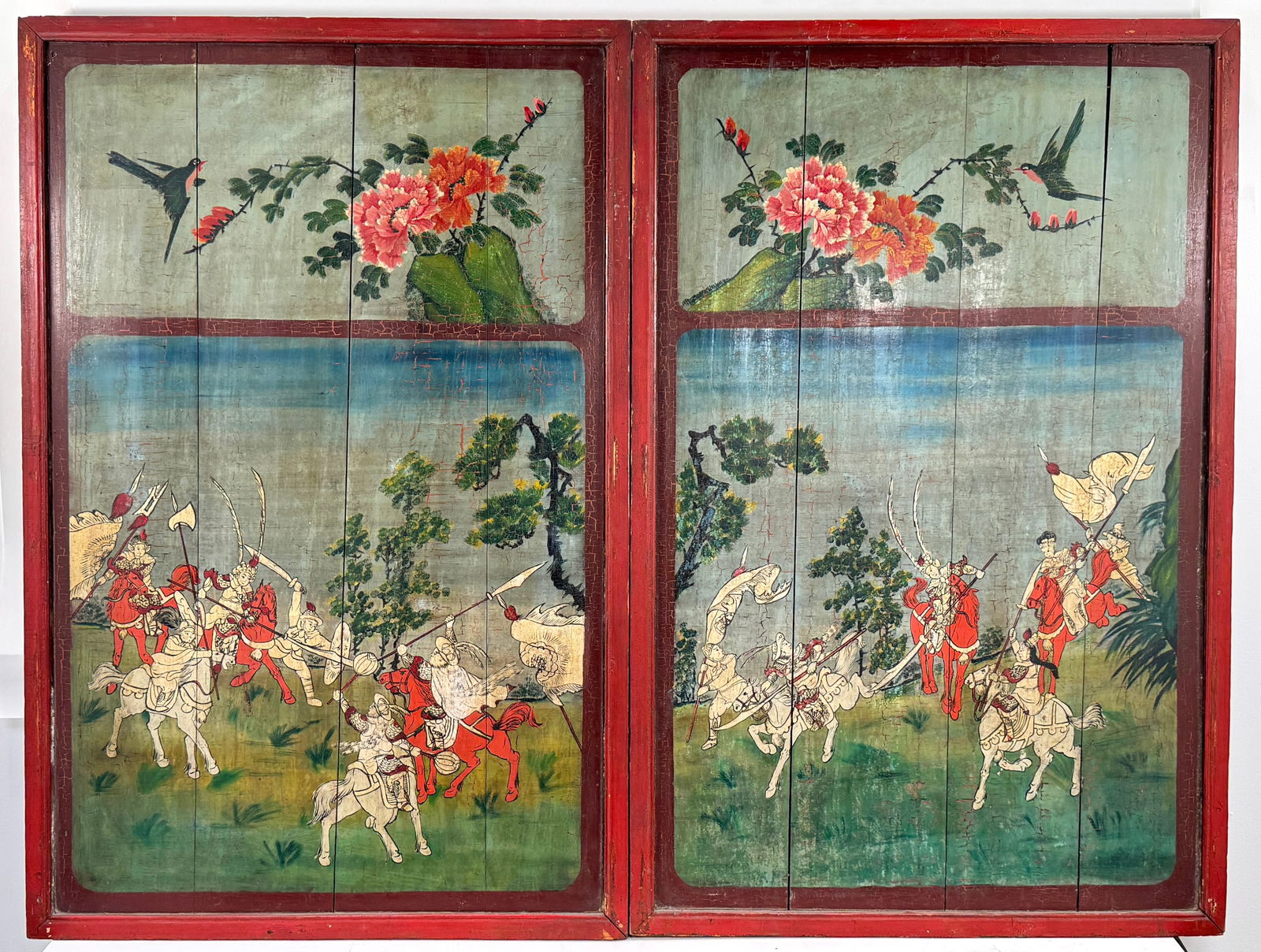 Painted Wood Panel Screen, Battle Scene: Pair of painted wood panels depicting battle scenes with floral and bird motifs. Dimensions: 39 1/4 x 51 1/2 inches.