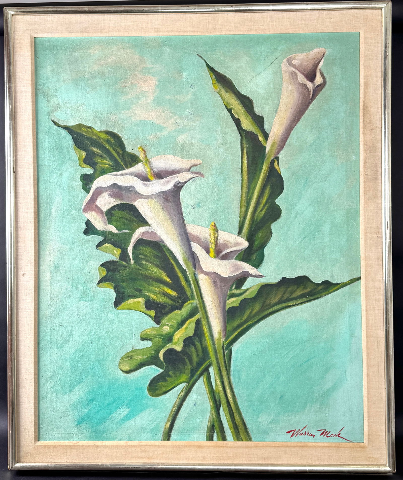 Warren Meek Still Life Painting: Floral still life painting featuring calla lilies, signed "Warren Meek" lower right. Frame measures 40.75 x 33.75 inches; print measures 35 x 28 inches.