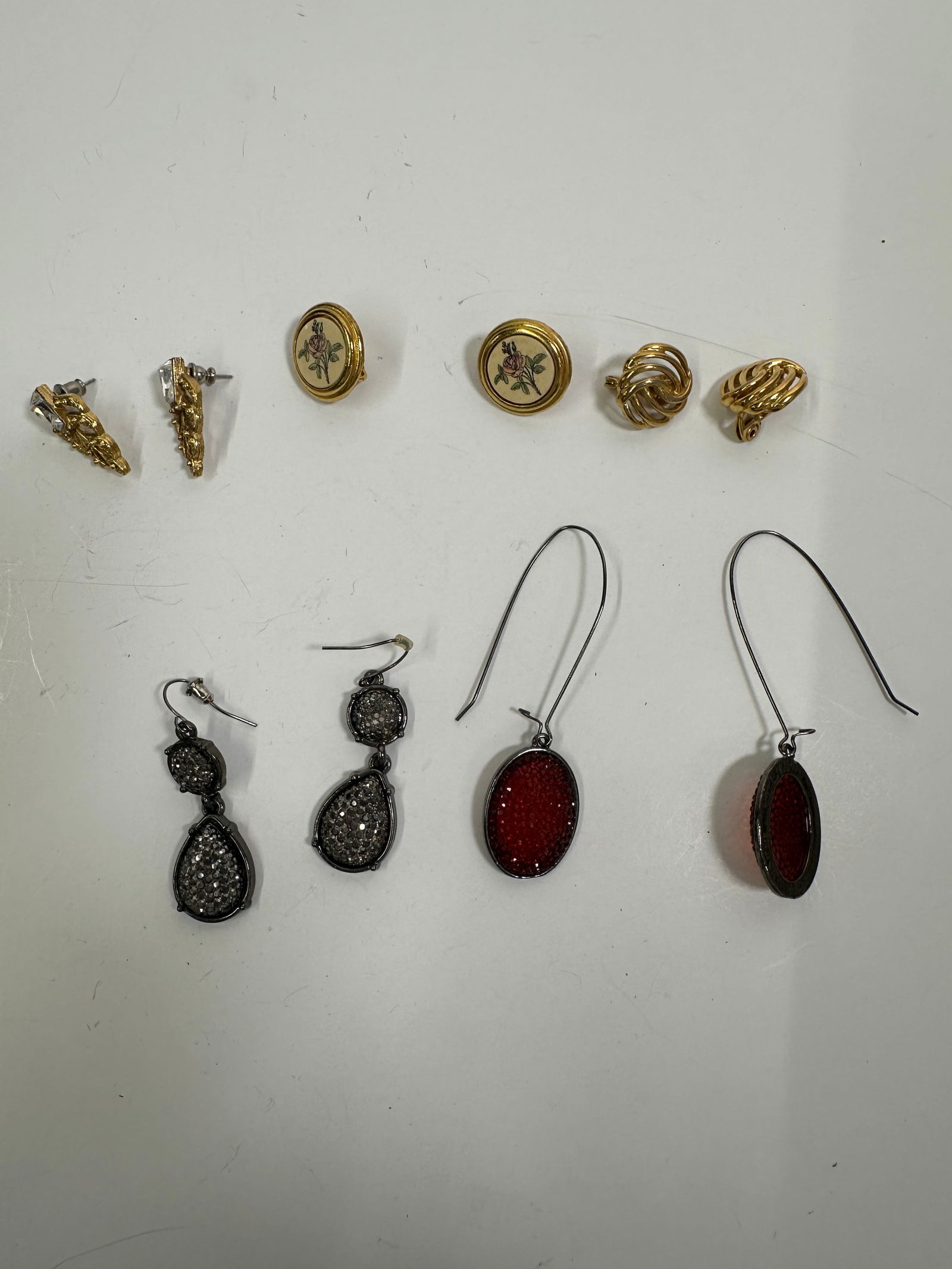 Assorted Fashion Earrings - 5 Pairs: Collection of 5 pairs of fashion earrings. Includes gold-tone studs, red stone drop earrings, and pave crystal drop earrings. Largest pair measures 2.75 inches. Total weight: 1.1 oz.