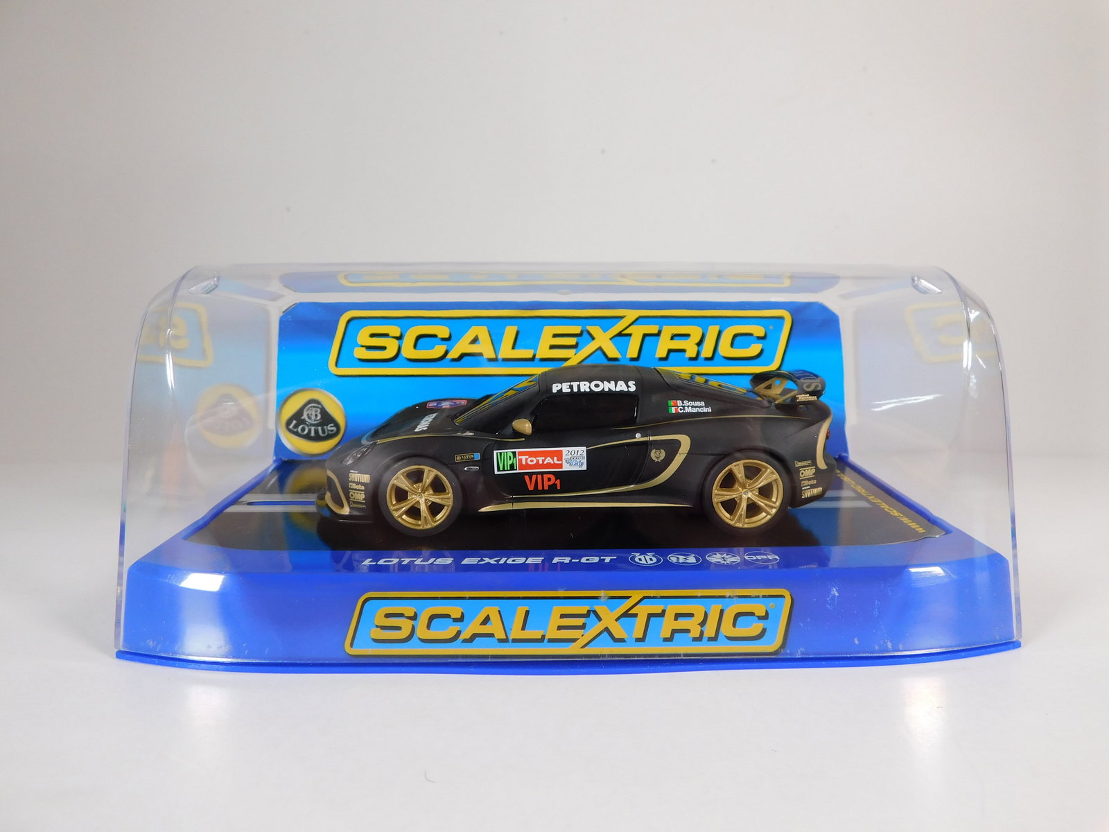 Scalextric Lotus Exige R-GT VIP1: Scalextric Lotus Exige R-GT Ypres Rally - VIP1 Petronas 1/32 Slot Car. Reference #C3521, with original case. Weight: 7.5 oz.