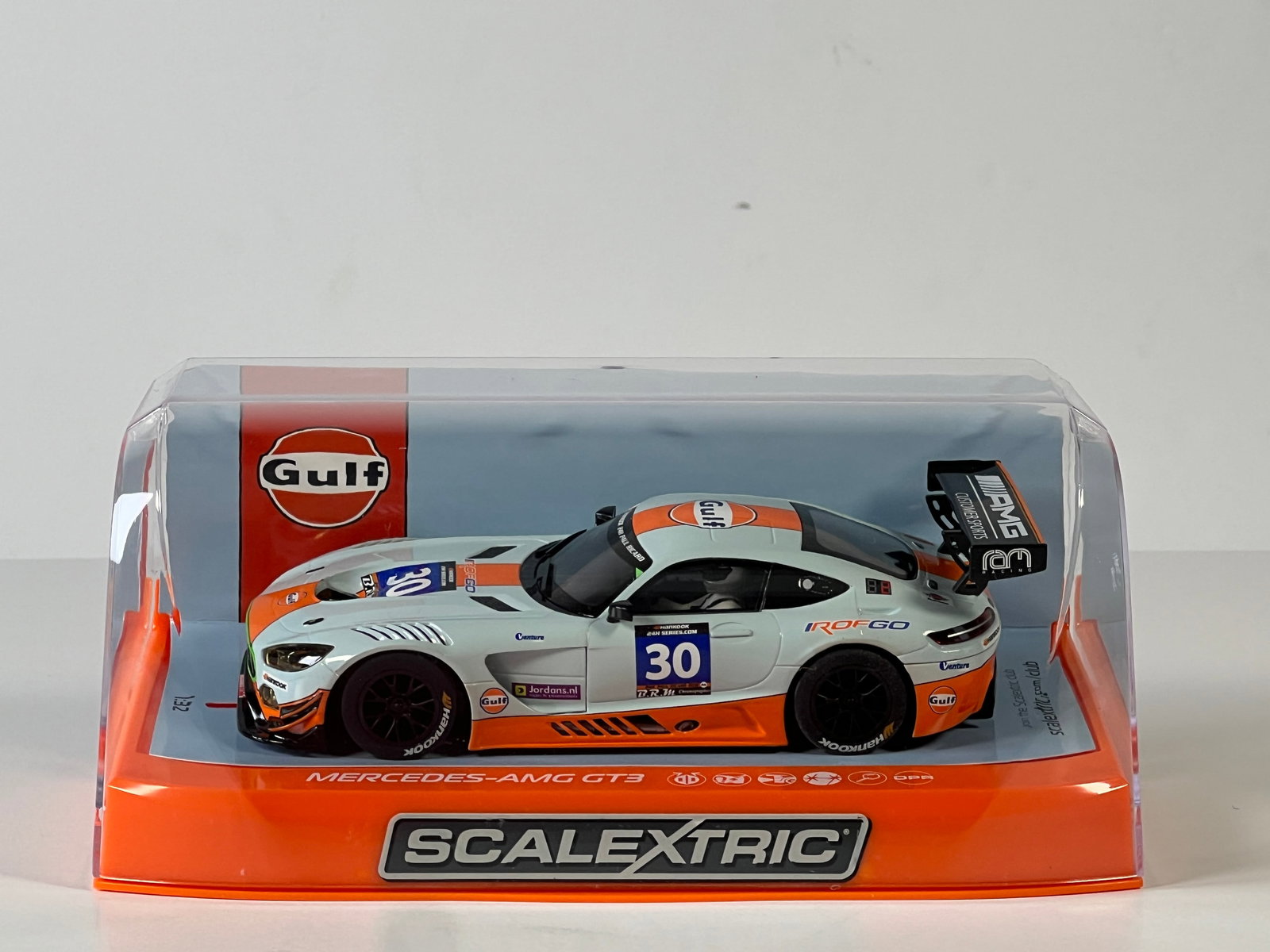 Scalextric Mercedes-AMG GT3 #30: Scalextric Mercedes-AMG GT3 Paul Ricard 324h RAM Racing Gulf #30 1/32 Slot Car. Reference #C3853, with original case. Weight: 9 oz.