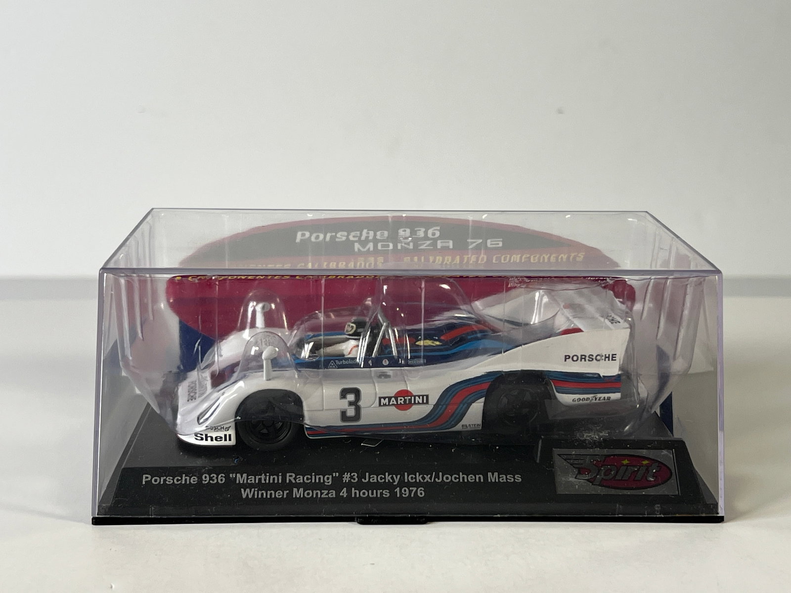 Spirit Porsche 936 #3 Winner Monza 4h 1976: Porsche 936 Martini Racing #3 Jacky Ickx/Jochen Mass Winner Monza 4h 1976 1/32 Slot Car. Reference #0601404, with original case. Weight: 7 oz.