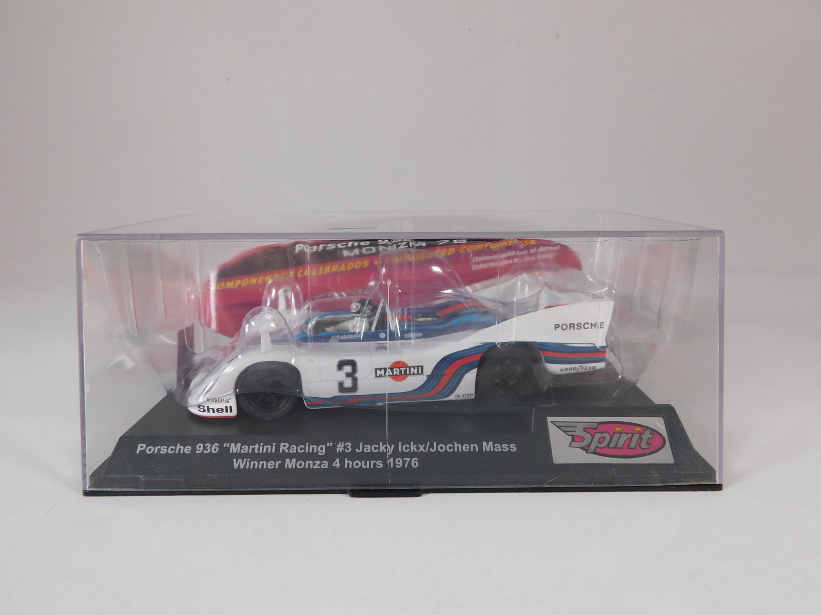 Spirit Porsche 936 #3 Winner Monza 4h 1976: Spirit Porsche 936 Martini Racing #3 Ickx/Mass Winner Monza 4h 1976 1/32 Slot Car. Reference #0601404, with original case. Weight: 8 oz.