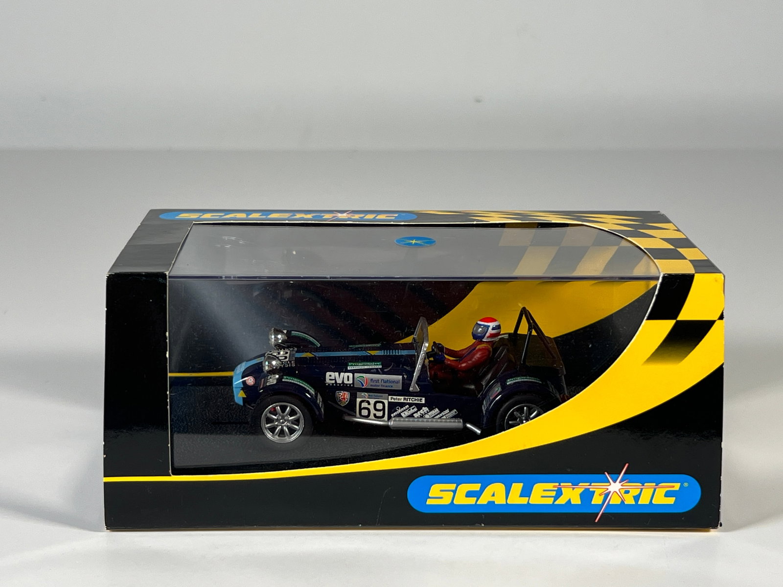 Scalextric Peter Ritchie Caterham #69: Scalextric Peter Ritchie Caterham #69 Evo 1/32 Slot Car, with original case. Weight: 7 oz.