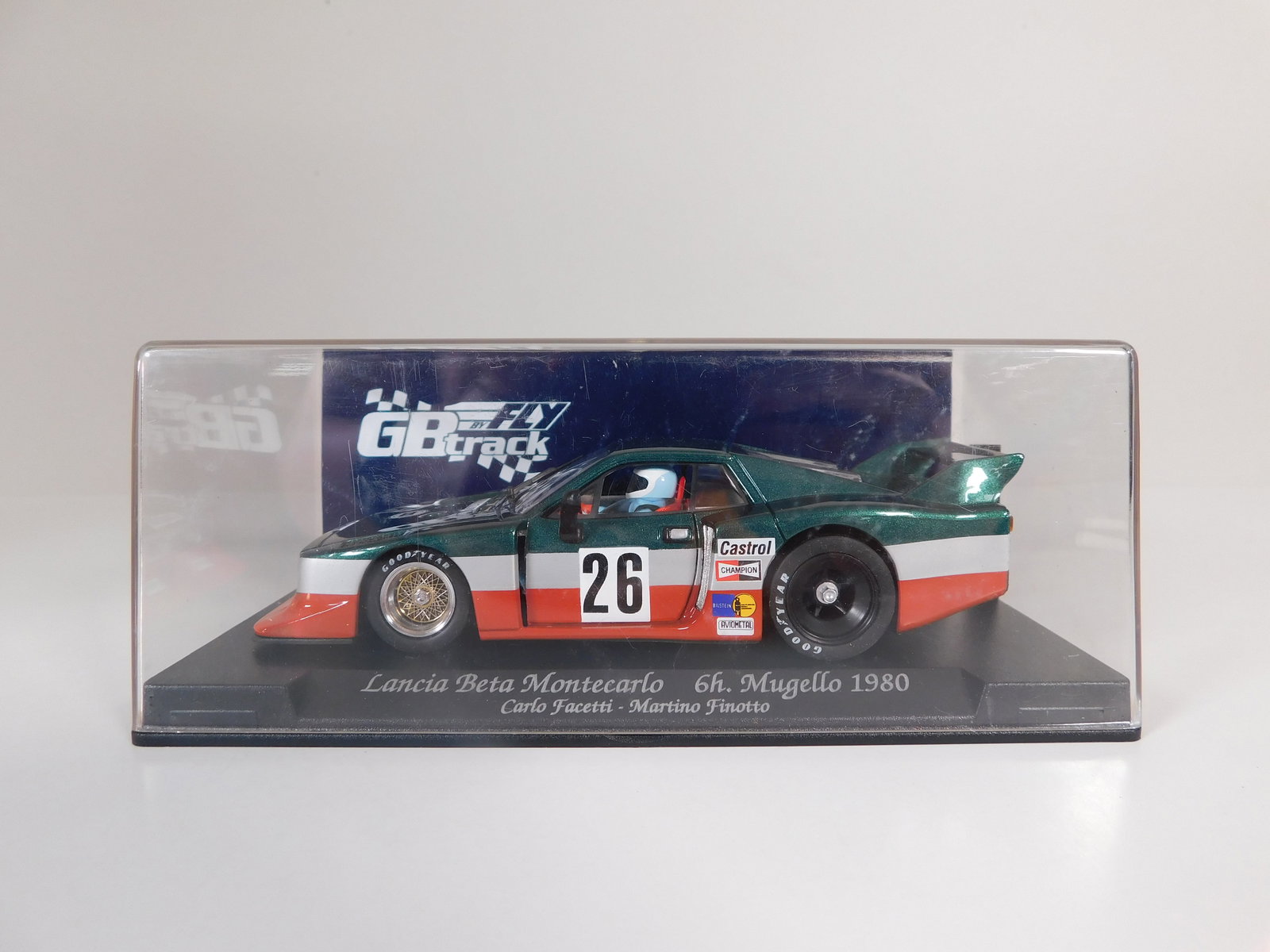 GB Track Lancia Beta Montecarlo 6h Mugello 1980 #26: GB Track Lancia Beta Montecarlo 6h Mugello 1980 Facetti-Finotto #26 Castrol 1/32 Slot Car. Reference #GB33, with original case. Weight: 7 oz.