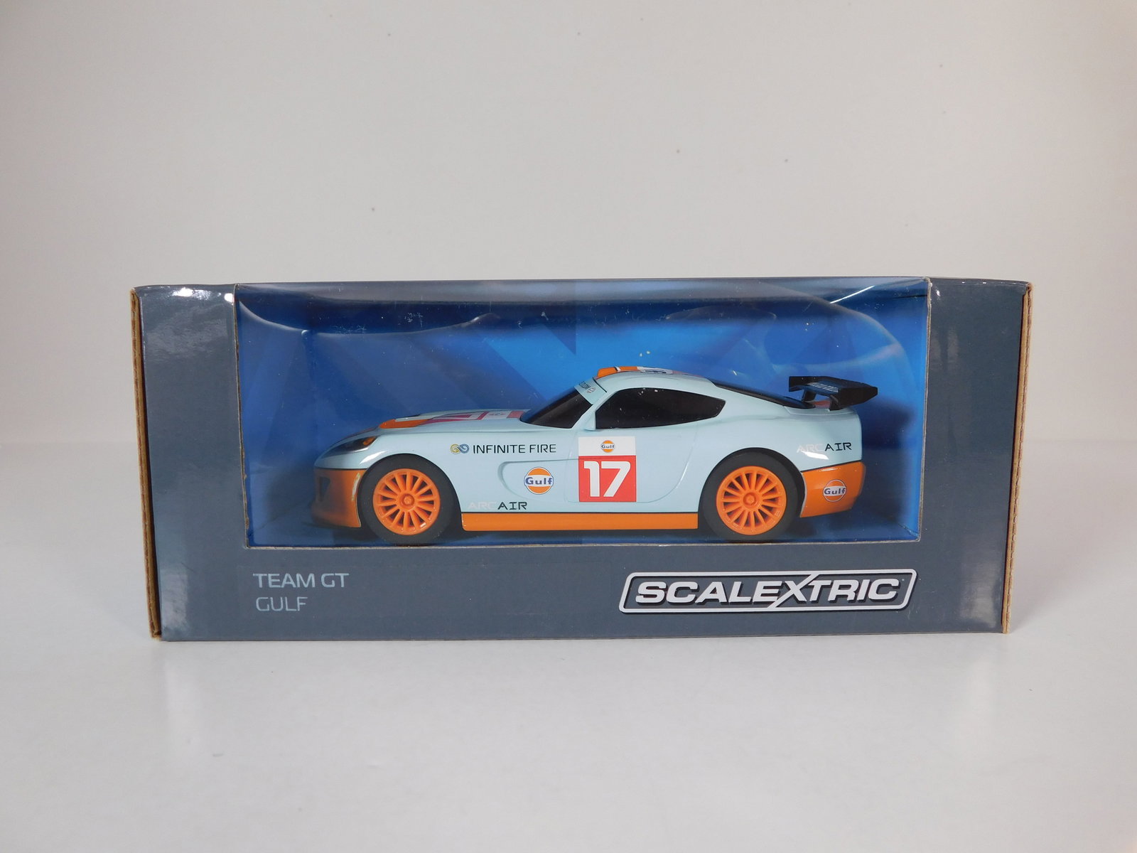 Scalextric Team GT Gulf #17: Scalextric Team GT Gulf #17 1/32 Slot Car. Reference #C3840, with original case. Weight: 5 oz.