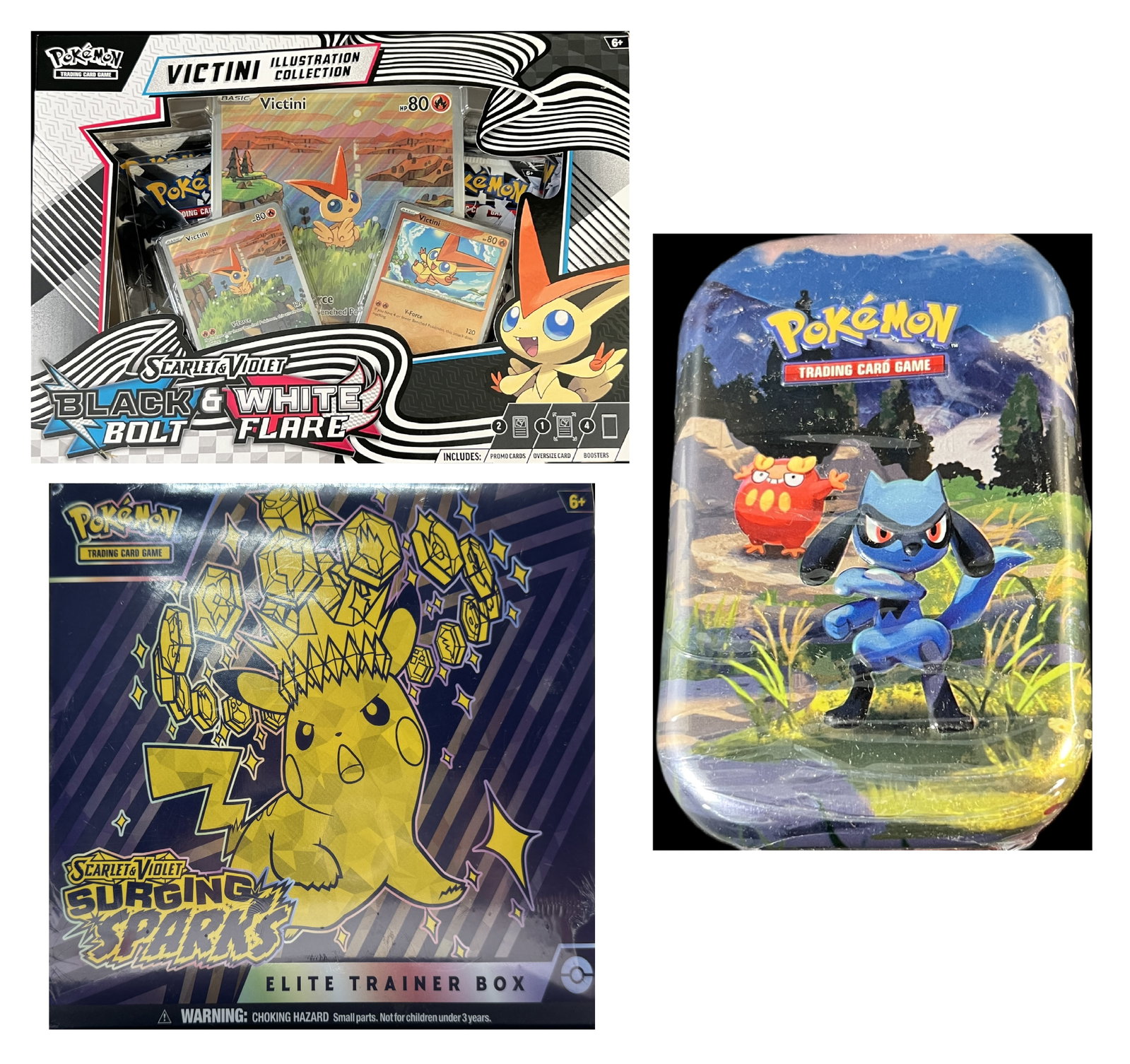 Pokemon TCG: Surging Sparks Elite Trainer Box, Victini Box & Tin: Includes a Surging Sparks Elite Trainer Box (26 oz, 6.5''), a Victini Illustration Collection Box, and a Pokemon Trading Card Game tin (3.5oz, 5'' x 3'' x 1.5'' approx.