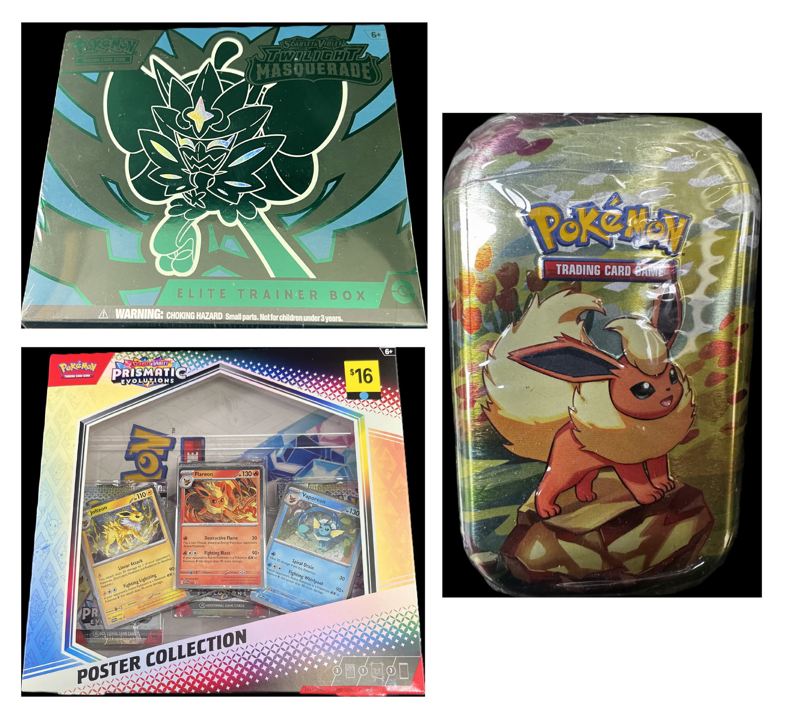 Pokemon TCG Lot: Twilight Masquerade, Mini Tin, Poster Collection: Includes a Twilight Masquerade Elite Trainer Box (Dimensions approximately 6.5 x 7.5 inches.), a Pokemon Trading Card Game Mini Tin (Measurements: 5'' x 3'' x 1.25''. Weight: 3