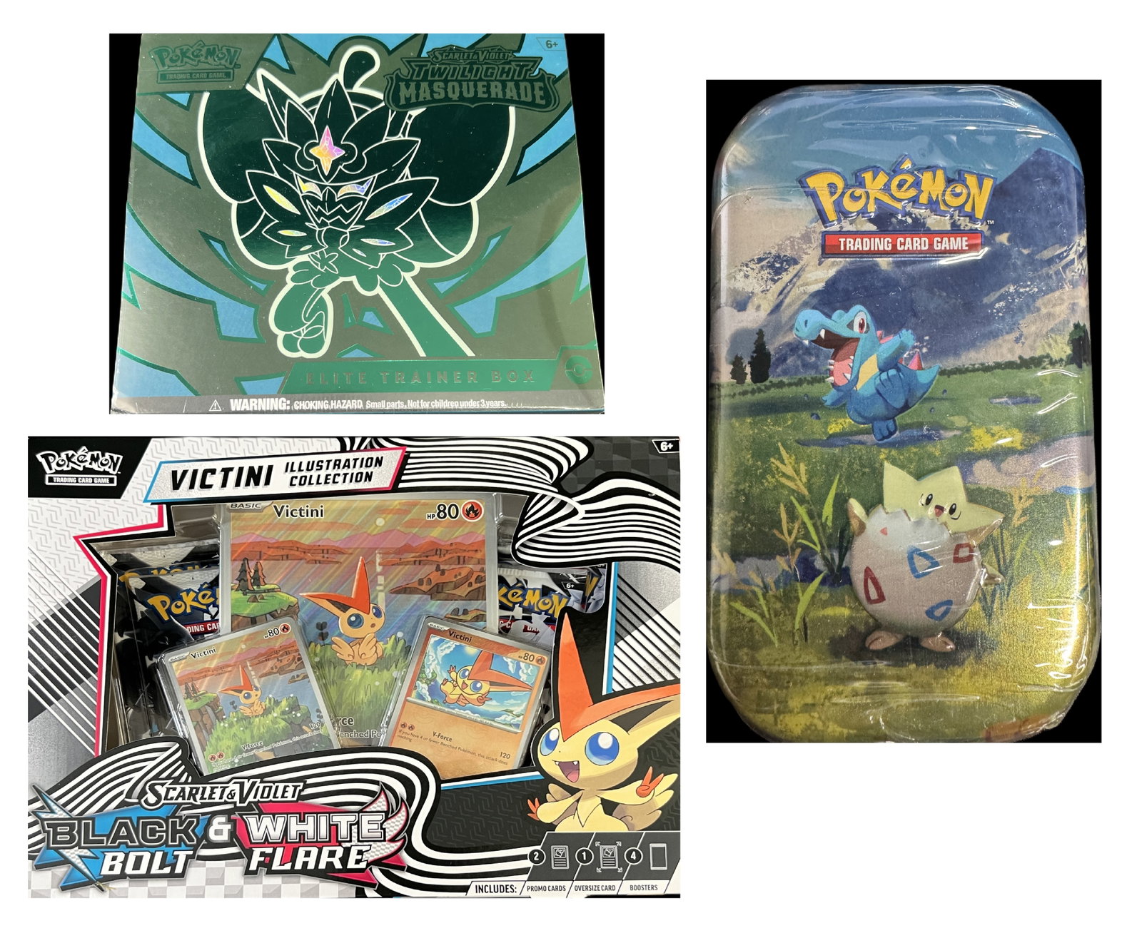 Pokemon TCG Lot: Twilight Masquerade Elite Trainer, Victini, Tin: Lot includes a Twilight Masquerade Elite Trainer Box (7.5 x 6.5 x 3.5 inches, 25.5 oz), a Pokemon Trading Card Game tin (5 x 3 x 1.25 inches, 3.5oz), and a Victini Illustration Collection Box.