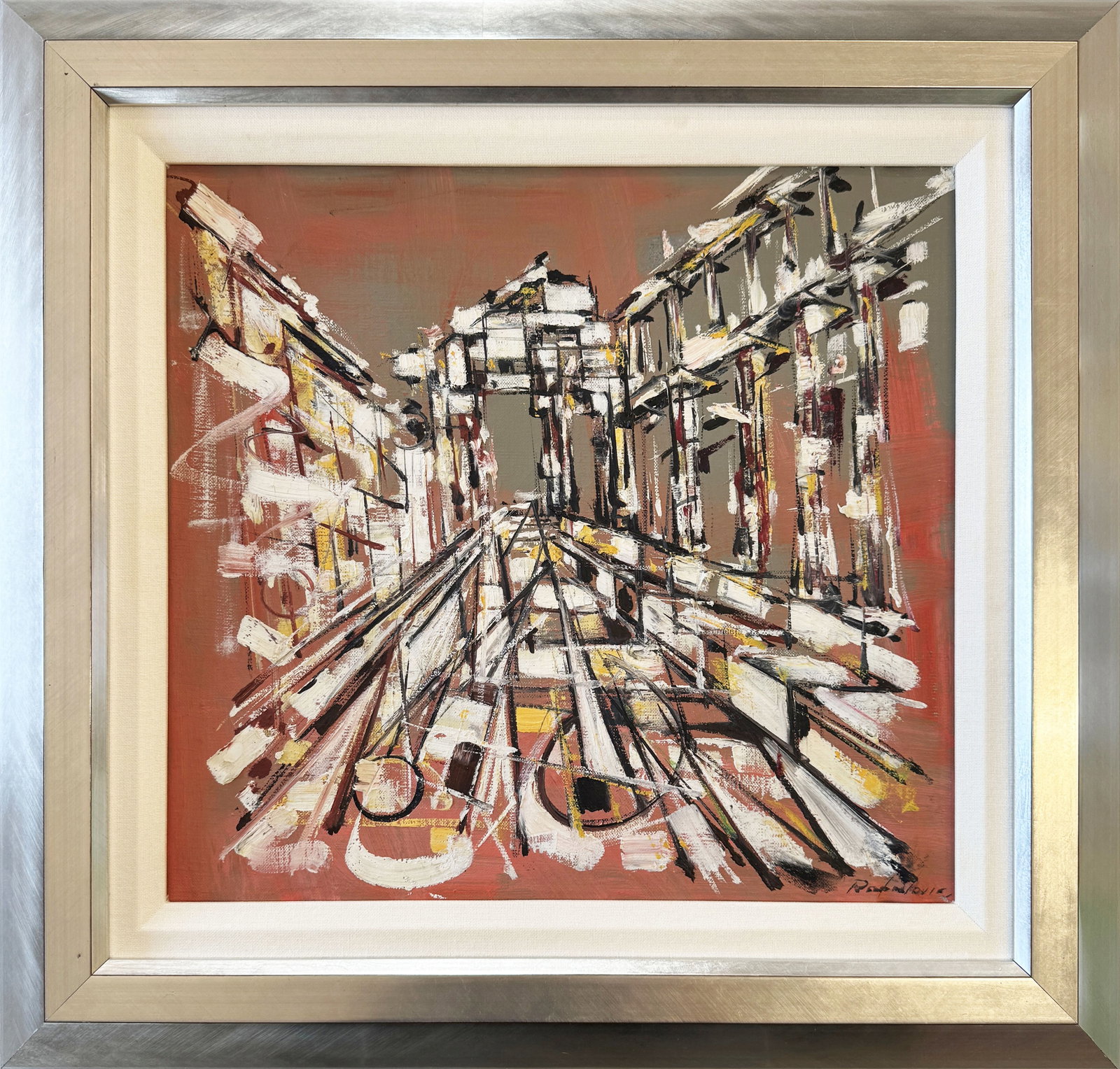 Painting by Savo Radulovic (1911-1991): Framed abstract oil painting on canvas by Serbian American painter Savo Radulovic (1911-1991). Signed in lower right. Frame dimensions: 20 x 21 1/4 inches. Sight dimensions: 13 1/2 x 14 3/4 inches.