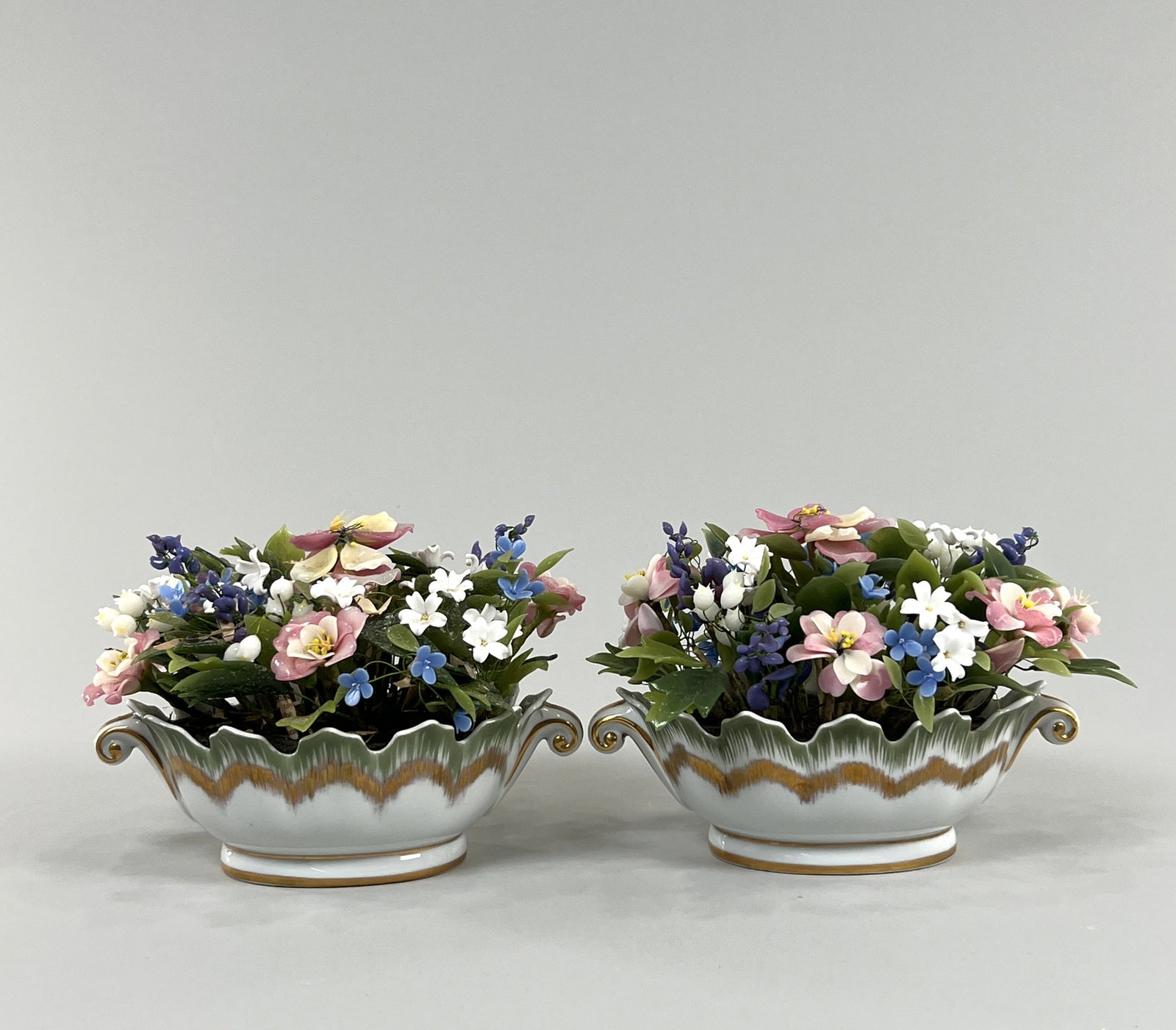 Jane Hutcheson for Gorham Enameled Floral Centerpieces: Pair of Jane Hutcheson for Gorham enameled floral centerpieces. Weight: 3lb 4oz. Length: 6'' tall.