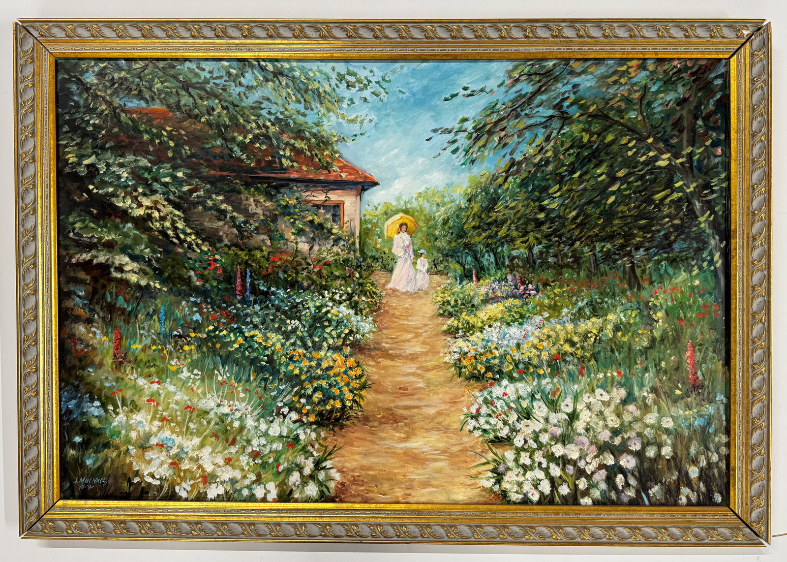L. Molhall, Garden Scene with Figure, Oil on Canvas: Oil on canvas depicting a garden scene with a figure holding a parasol. Signed L. Molhall lower left. Framed. Canvas measures approximately 27 1/4" x 39 1/4". Frame measures 23 1/2" x 3