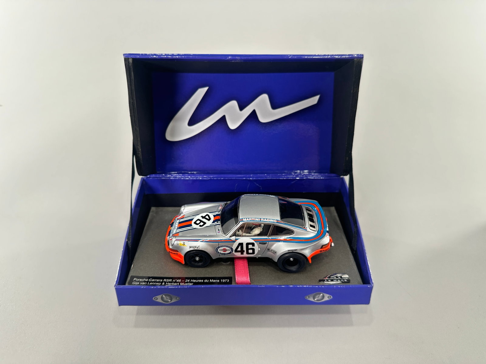 Le Mans Miniatures Porsche Carrera RSR #46 Le Mans 1973: Le Mans Miniatures Porsche Carrera RSR #46, 24 Heures du Mans 1973, Gijs van Lennep & Herbert Müller. 1/32 scale slot car. In original blue box, measuring approximately 7.25 x 4 x 3.125 inche