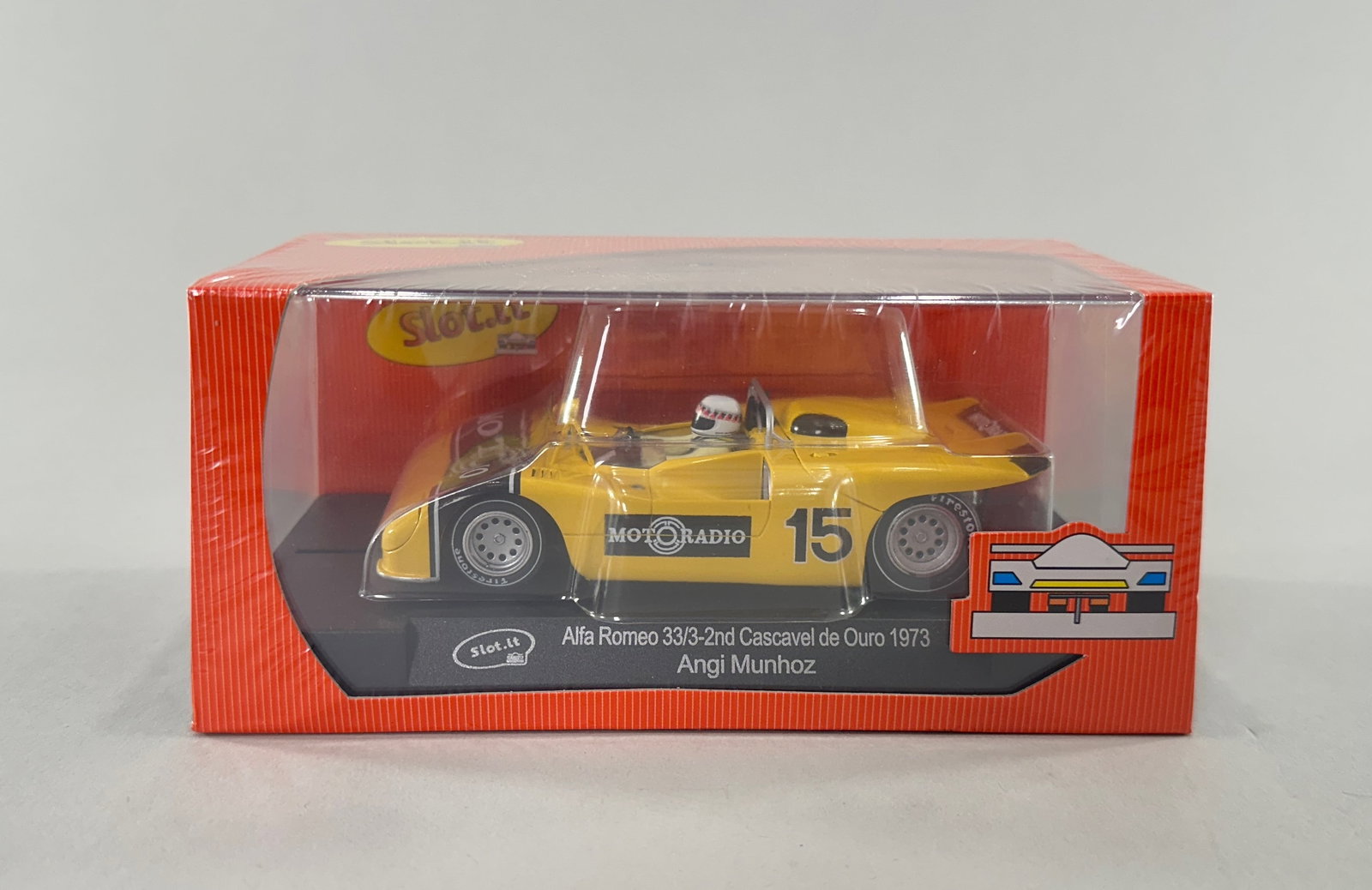 Slot.it Alfa Romeo 33/3 #15 - 2nd Cascavel de Ouro 1973: Slot.it Alfa Romeo 33/3 #15 - 2nd Cascavel de Ouro 1973 Angi Munhoz 1/32 slot car in original packaging. Shrink-wrapped, new in packaging. Weight 9 oz. Weight: 6.9oz. Size: 6 1/4'' x 3 1/4'