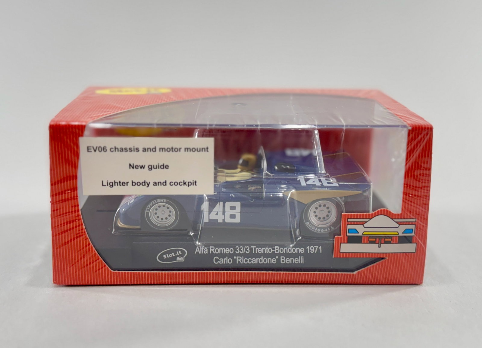 Slot.it Alfa Romeo 33/3 Trento-Bondone 1971 #148: Slot.it Alfa Romeo 33/3 Trento-Bondone 1971 #148 1/32 Slot Car. Reference #CA11d. Dimensions: 6.5'' x 3.5'' x 3''. Weight: 7.1oz. Shrink-wrapped, new in box.