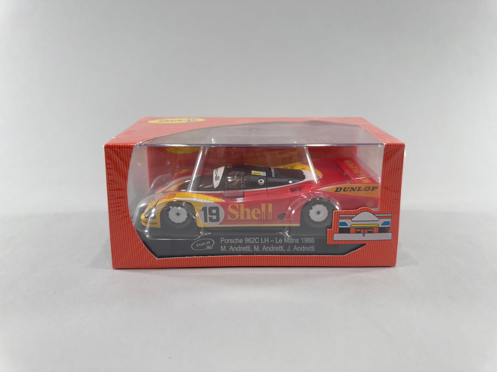Slot.it Porsche 962C LH - Le Mans 1988 #19: Slot.it Porsche 962C LH - Le Mans 1988 #19 Shell 1/32 Slot Car. Shrink-wrapped, new in box. Reference #CA03g. Dimensions: 6.5" x 3.5" x 3". Weight: 7.1oz.
