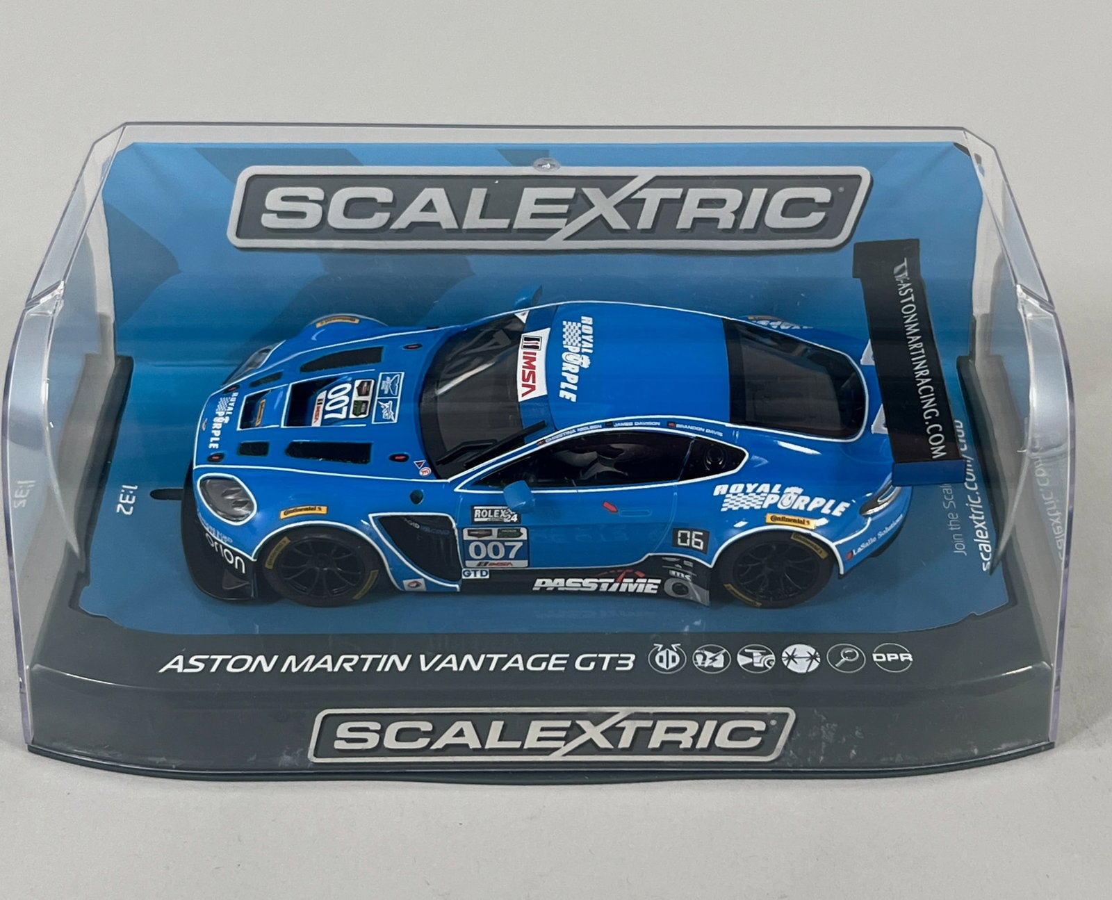 Scalextric Aston Martin Vantage GT3 #007: A 1/32 scale Scalextric slot car model of the Aston Martin Vantage GT3. Weight 7 ounces. Dimensions: 4'' x 7.5'' x 4'' approx. 