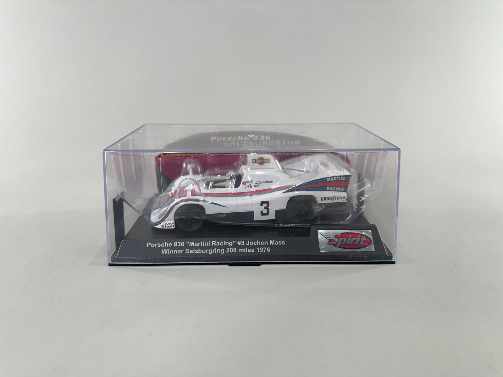 Spirit Porsche 936 Martini Racing #3: Spirit Porsche 936 "Martini Racing" #3 Jochen Mass Winner Salzburgring 200 miles 1976 1/32 slot car in original display case. Size: 7'' x 4'' x 2 3/4''. Weight: 7.5oz
