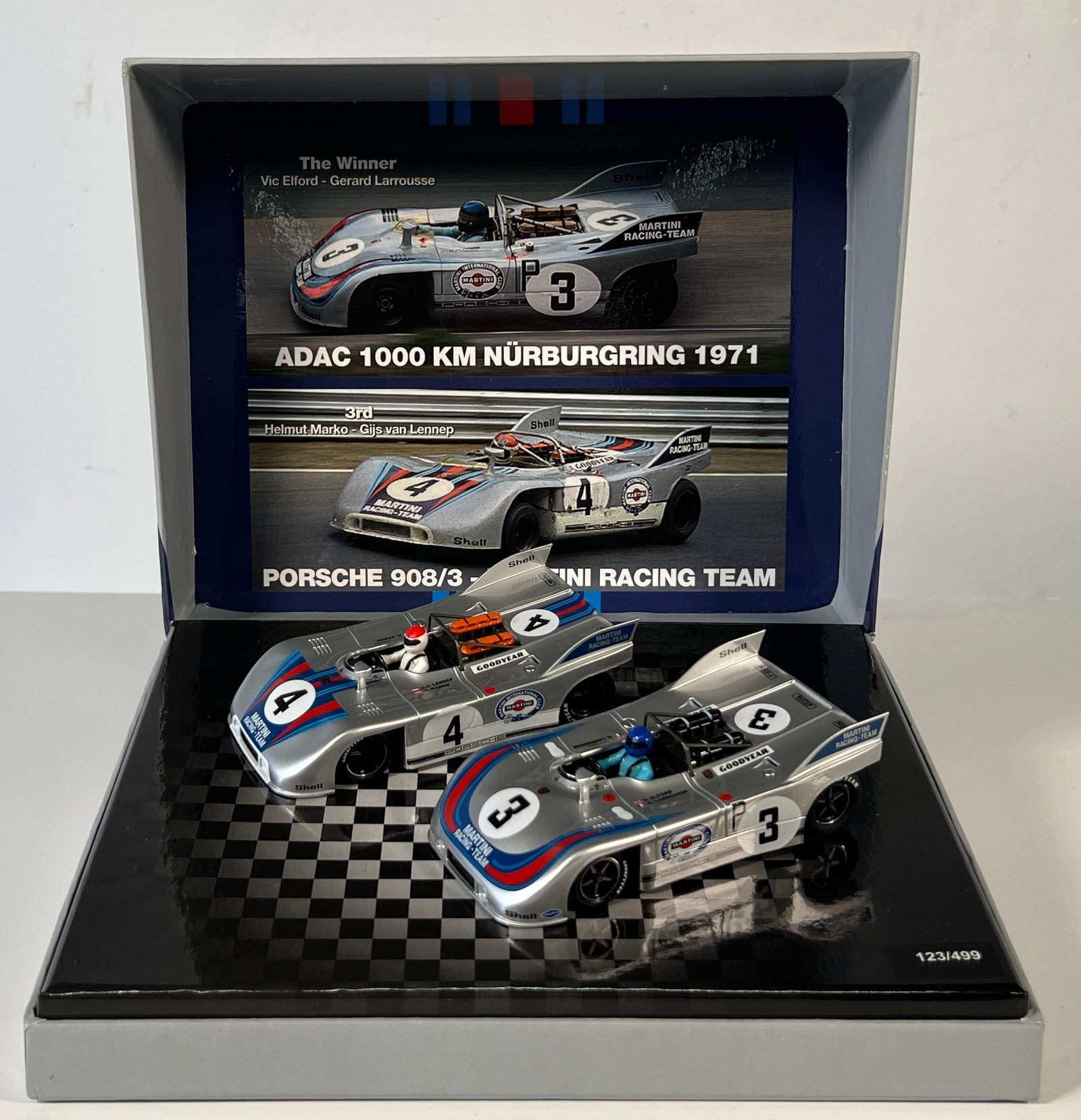 NSR Porsche 908/3 1000 Km NÃ¼rburgring 1971 Martini Racing Team: NSR Porsche 908/3 1000 Km Nürburgring 1971 Martini Racing-Team #3 Vic Elford / Gerard Larrousse 1/32 - #4 Helmut Marko Gijs van Lennep 1/32 Slot Cars. Box measures 4.5 x 10 inches.