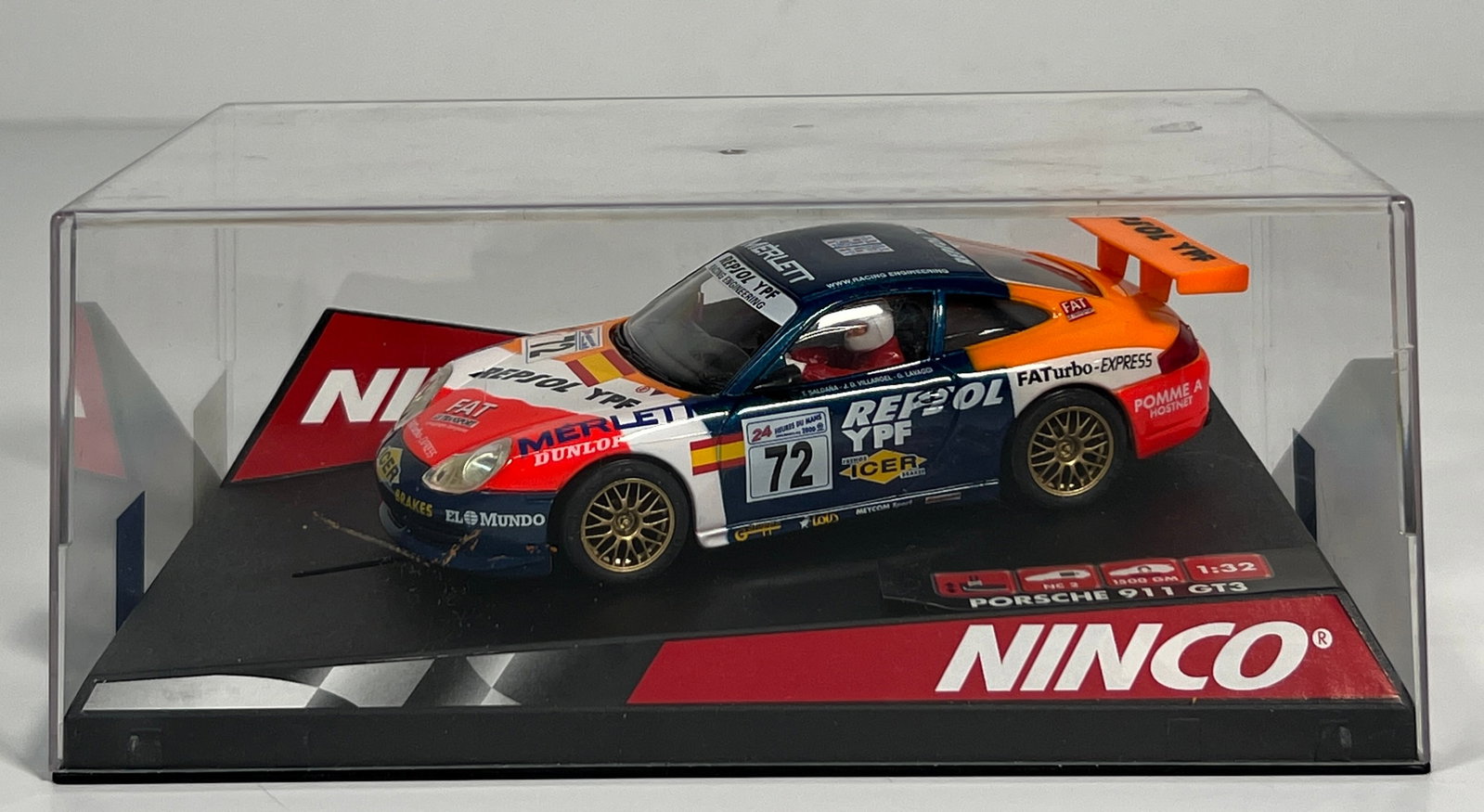 Ninco Porsche 911 GT3 #72: Ninco Porsche 911 GT3 #72 Repsol 1/32 Slot Car. Reference #50240, with original case. Dimensions: 3.25'' x 8''. Weight: 10oz.