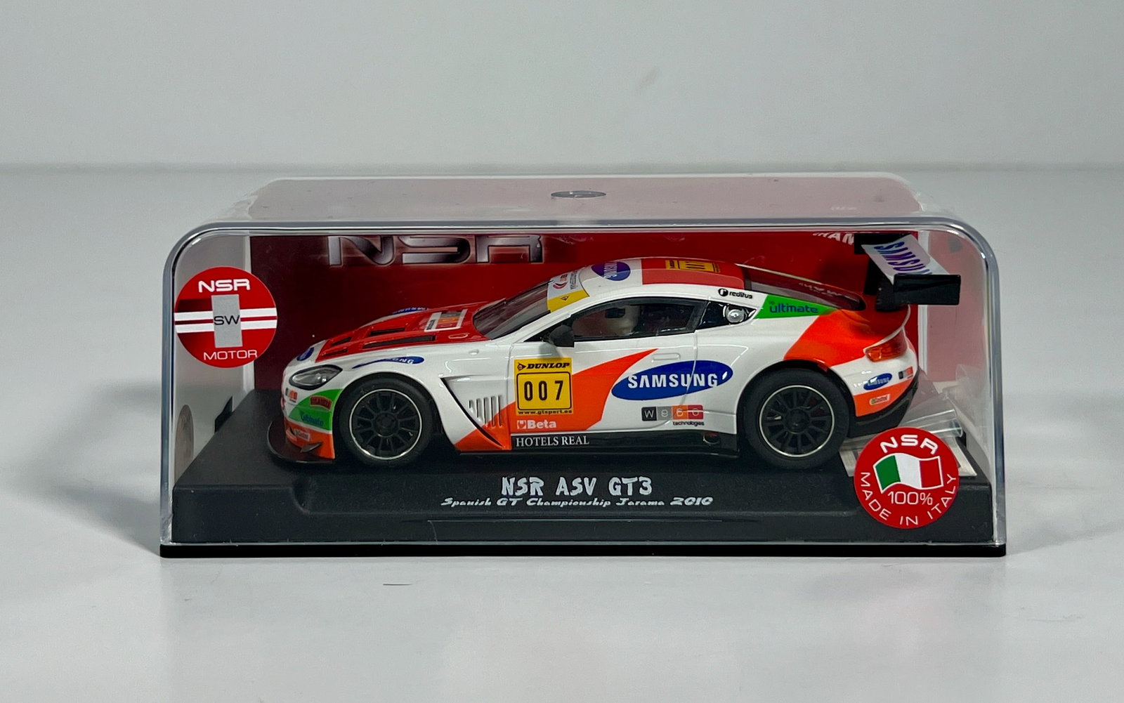 NSR ASV GT3 Spanish GT Championship Jarama 2010 #007: NSR ASV GT3 Spanish GT Championship Jarama 2010 #007 Samsung 1/32 Slot Car, with original case. Weight: 6oz. SW Motor.