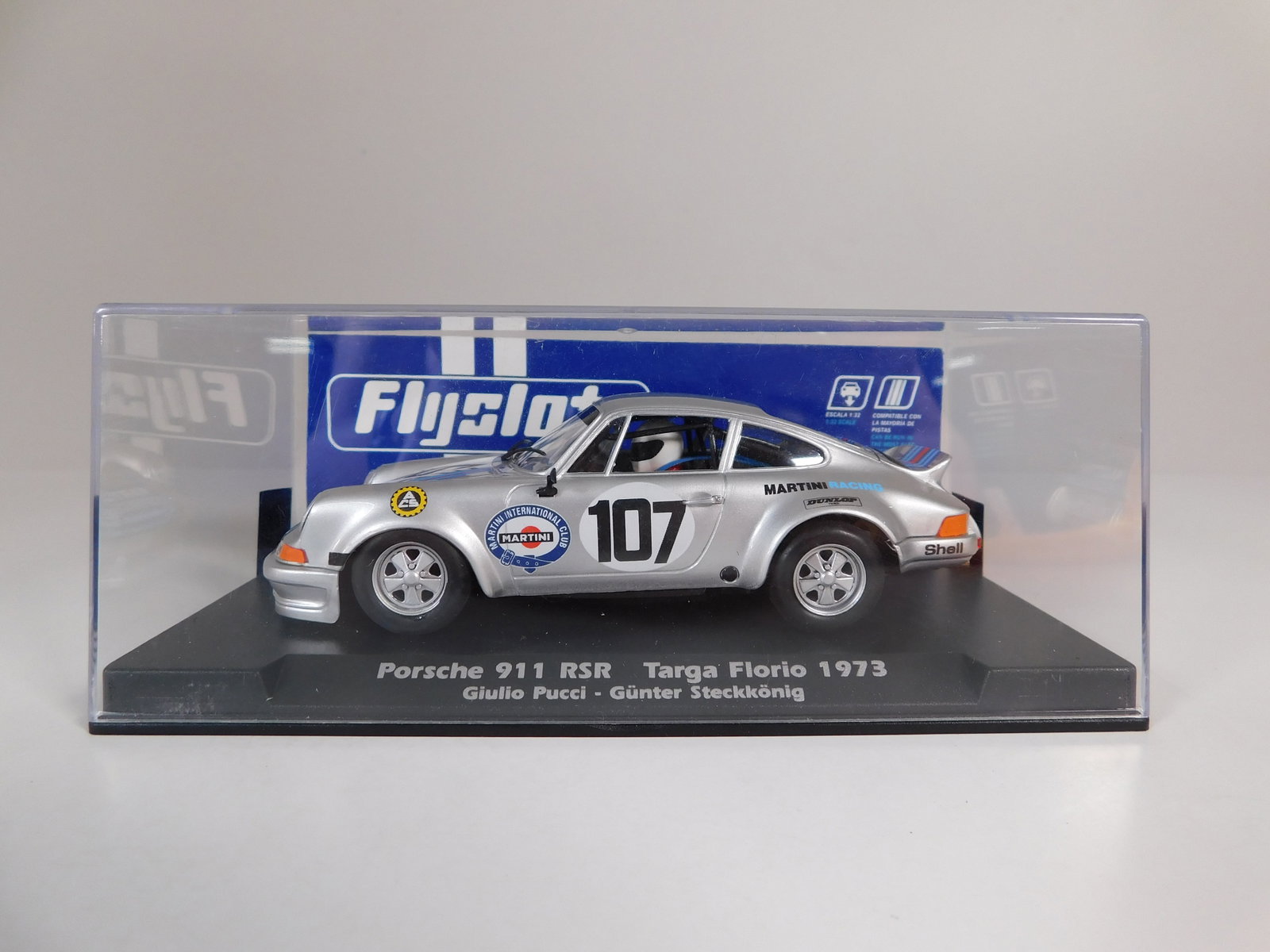 Flyslot Porsche 911 RSR Targa Florio 1973 #107: Flyslot Porsche 911 RSR Targa Florio 1973 Pucci-Steckkonig #107 Martini 1/32 Slot Car. Reference #036102, with original case. Weight: 6.3oz. 