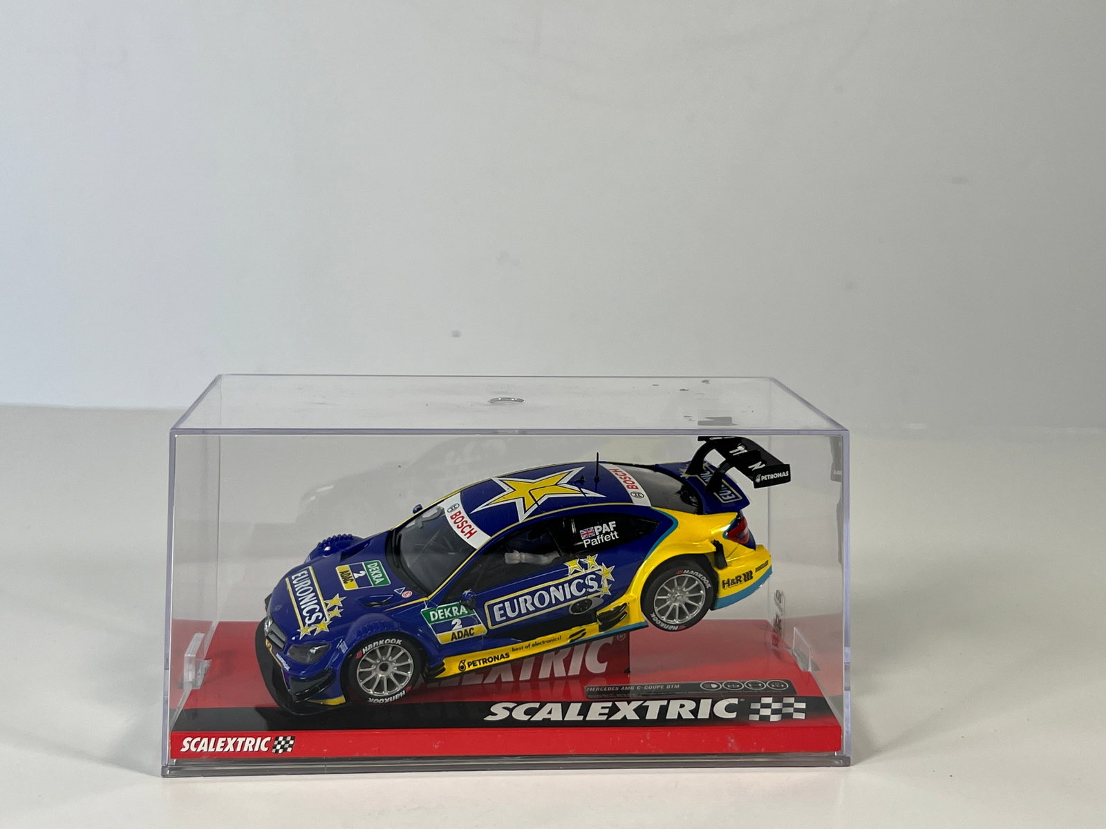 Scalextric Mercedes C-Coupe AMG DTM #2: Scalextric Mercedes C-Coupe AMG DTM #2 Euronics 1/32 Slot Car, with original case, with original case. Dimensions: 3.75 x 7 inches. Weight: 8 oz.