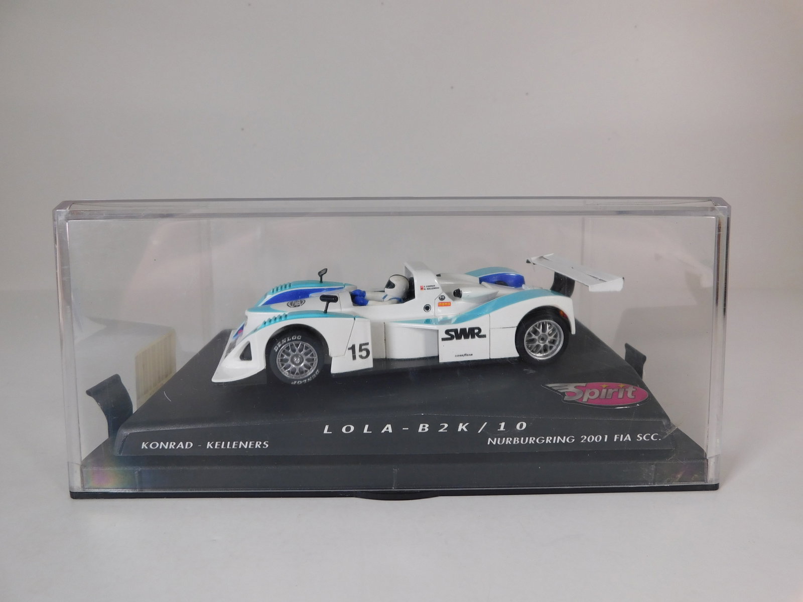 Spirit Lola B2K/10 Nurburgring 2001 #15: Spirit Lola B2K/10 Konrad/Kiesellners Nurburgring 2001 FIA SCC #15 1/32 Slot Car. Reference #0100103, with original case. Weight: 11.4 oz.