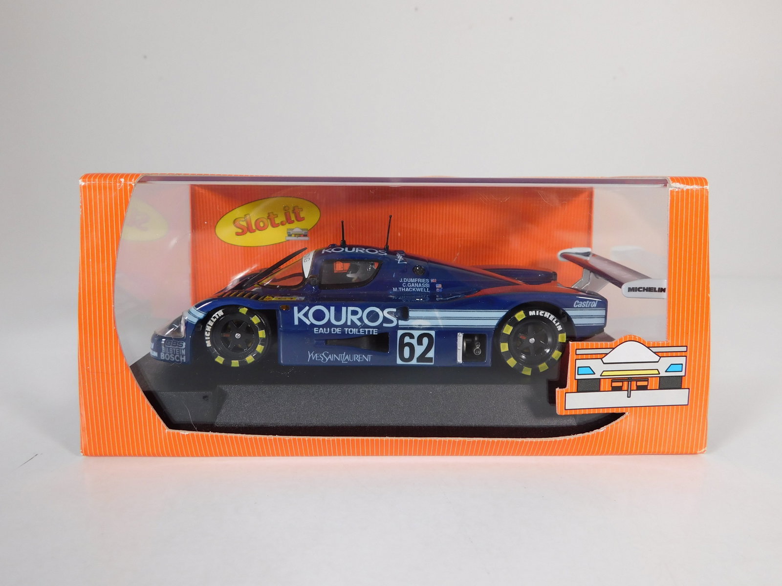 Slot.it Mercedes Sauber C9 #62: Slot.it Mercedes Sauber C9 Kouros #62 Yves Saint Laurent 1/32 Slot Car. Reference #CA06z, with original case. Weight: 7.3 oz.